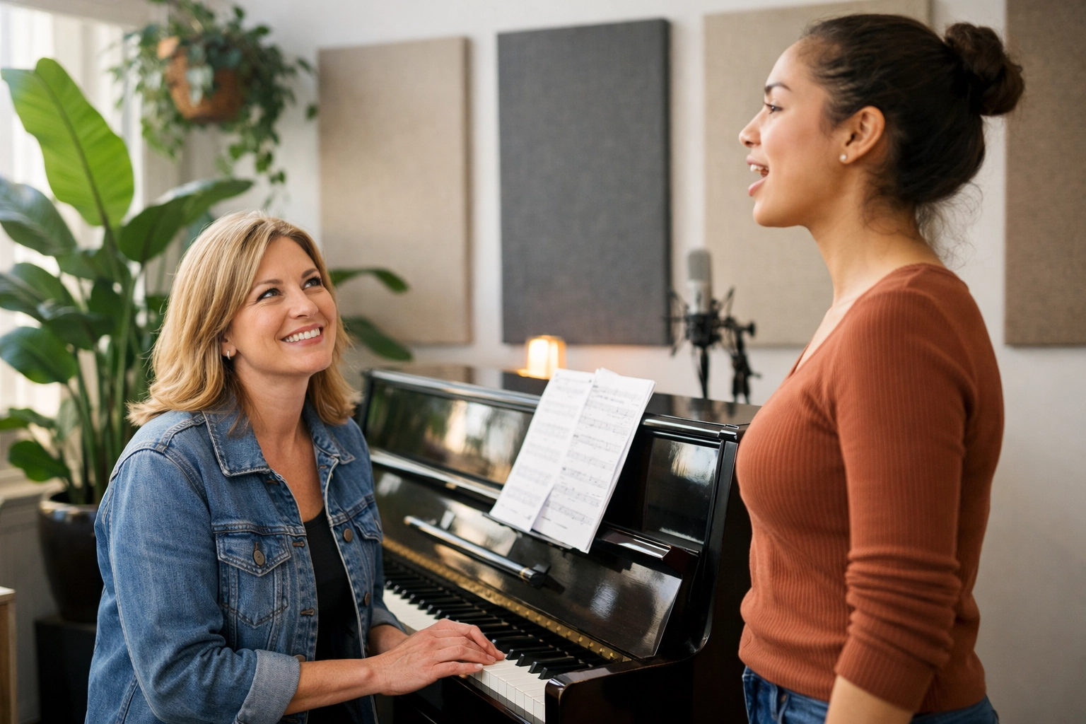A student practicing warmups with a vocal instructor at a piano during singing lessons in Tallahassee.