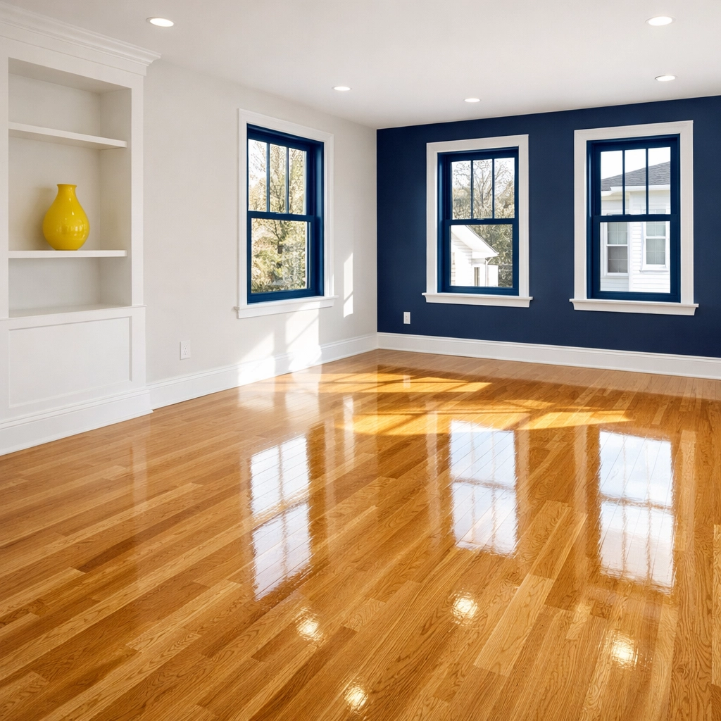 Clean renovated living room after post-construction cleaning services near me in Massachusetts.