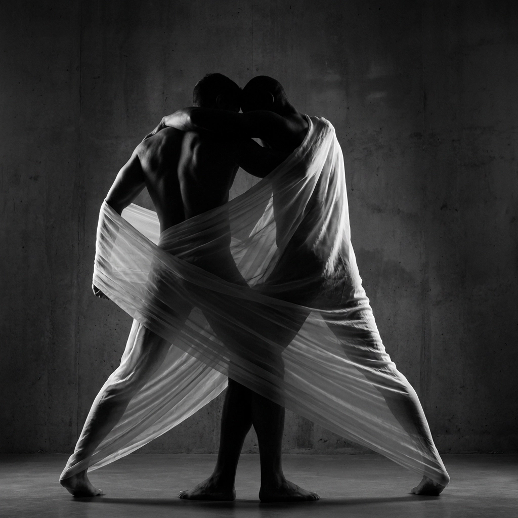 Artistic black and white photo of two men in a fluid pose, symbolizing dynamic power in queer intimacy.