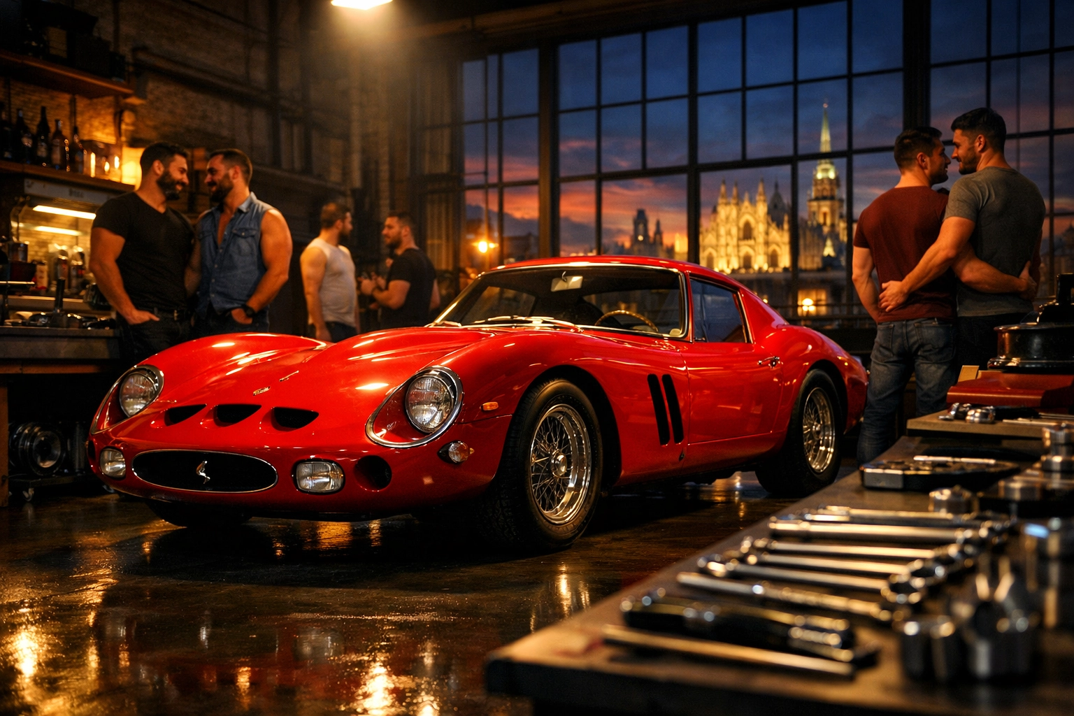 Vintage red Ferrari 250 GTO in luxury Milan restoration workshop - MM romance setting
