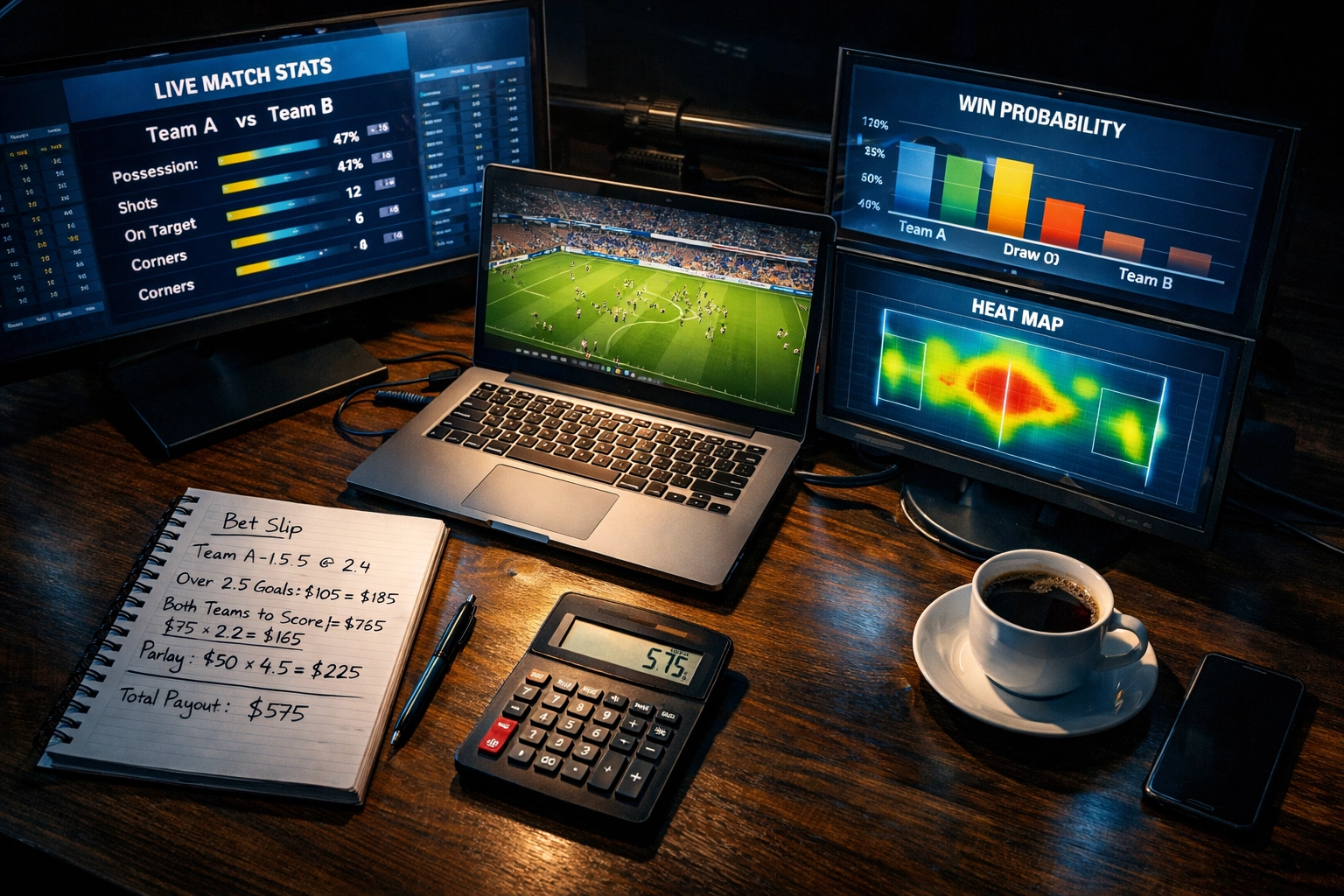 Professionelle Sportwetten-Analyse am Arbeitsplatz mit Statistiken und Live-Daten auf Monitoren