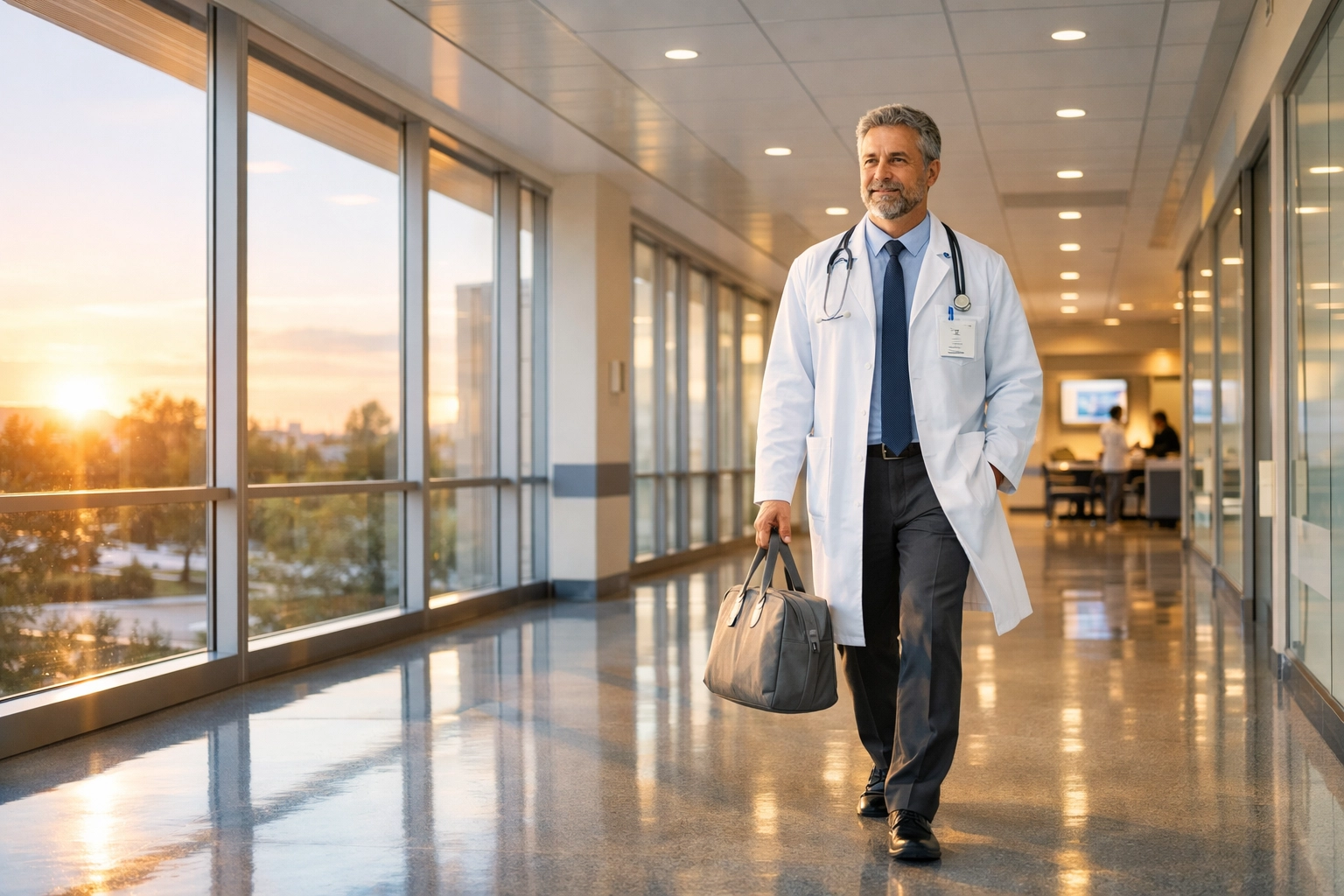 Satisfied doctor leaving clinic after using AI clinical documentation to reclaim hours of his day.