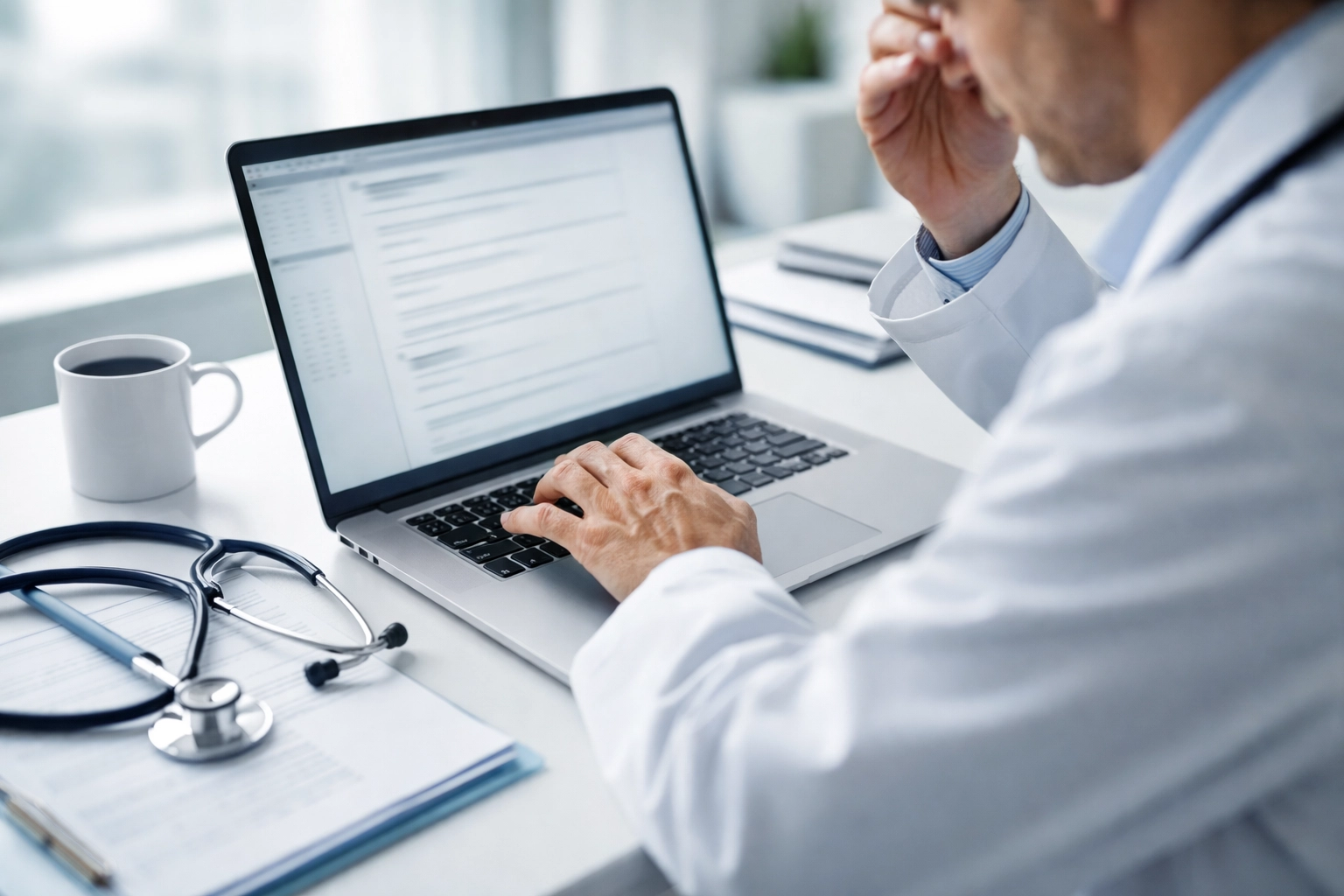 Healthcare professional editing clinical notes on a laptop, illustrating documentation time challenges