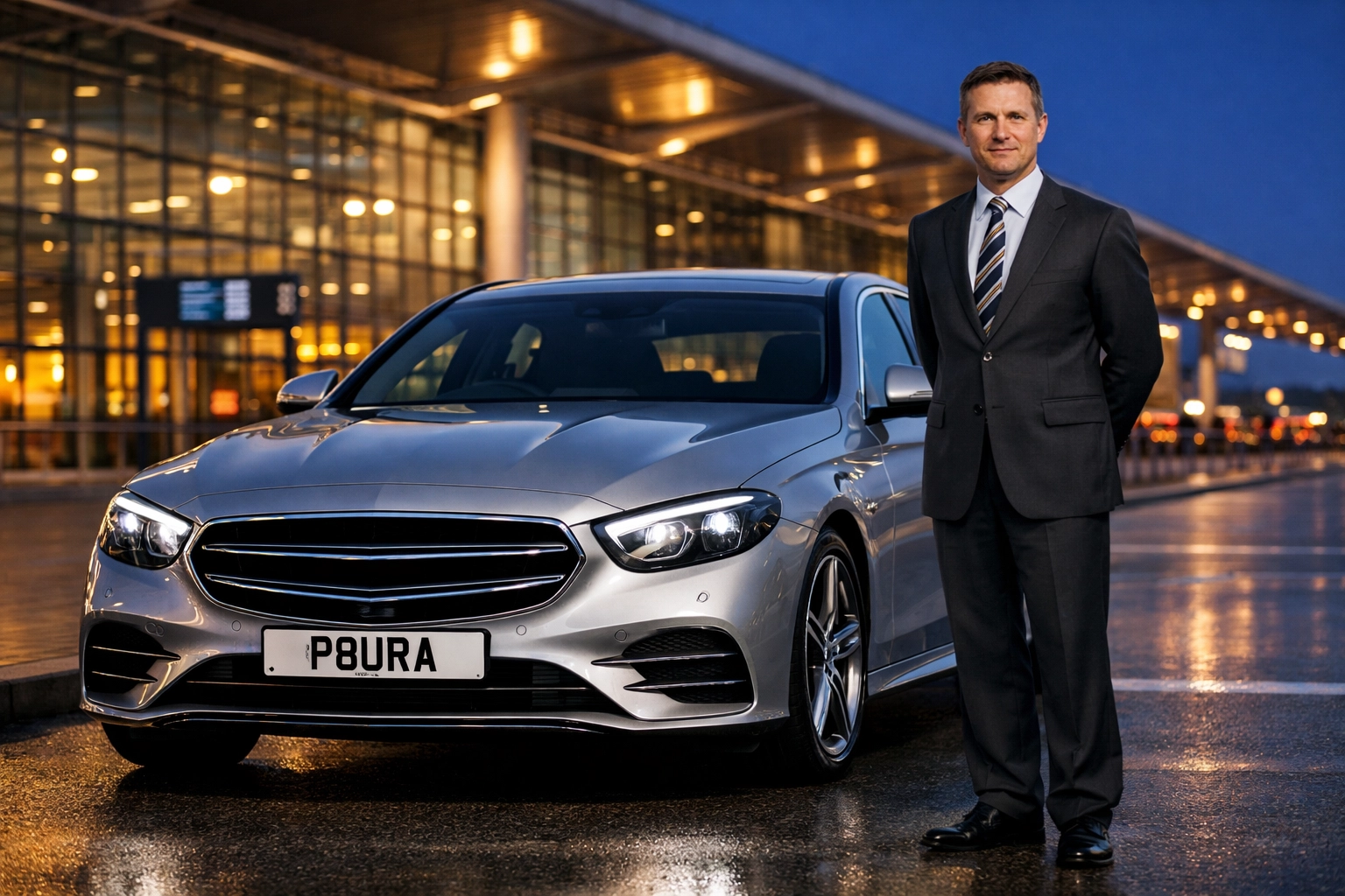 Professional airport transfers Lincoln in a silver Mercedes-Benz E-Class with a uniformed chauffeur at the terminal.