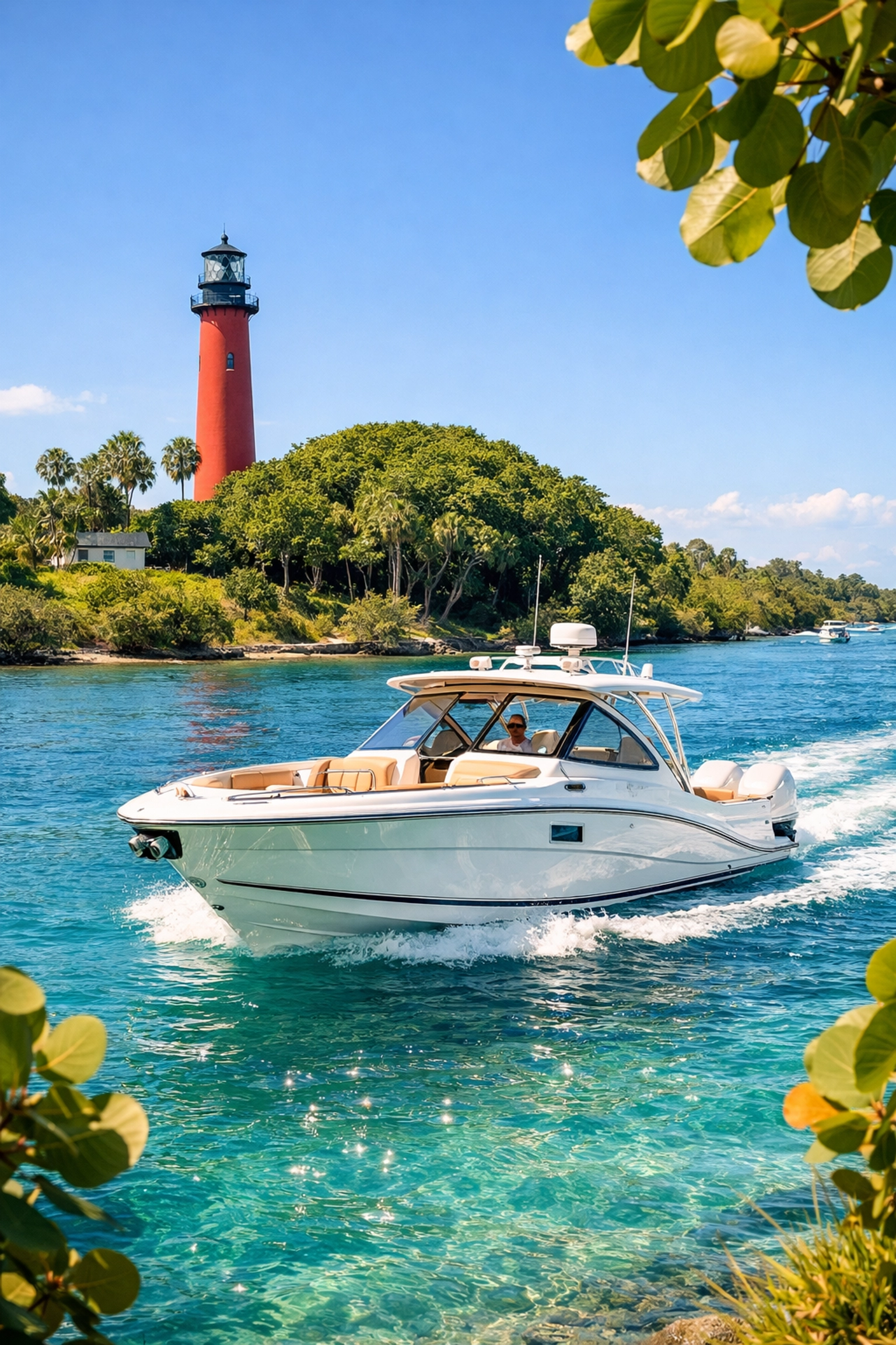 Luxury boat in the Jupiter Inlet with the historic red Jupiter Lighthouse in the background.