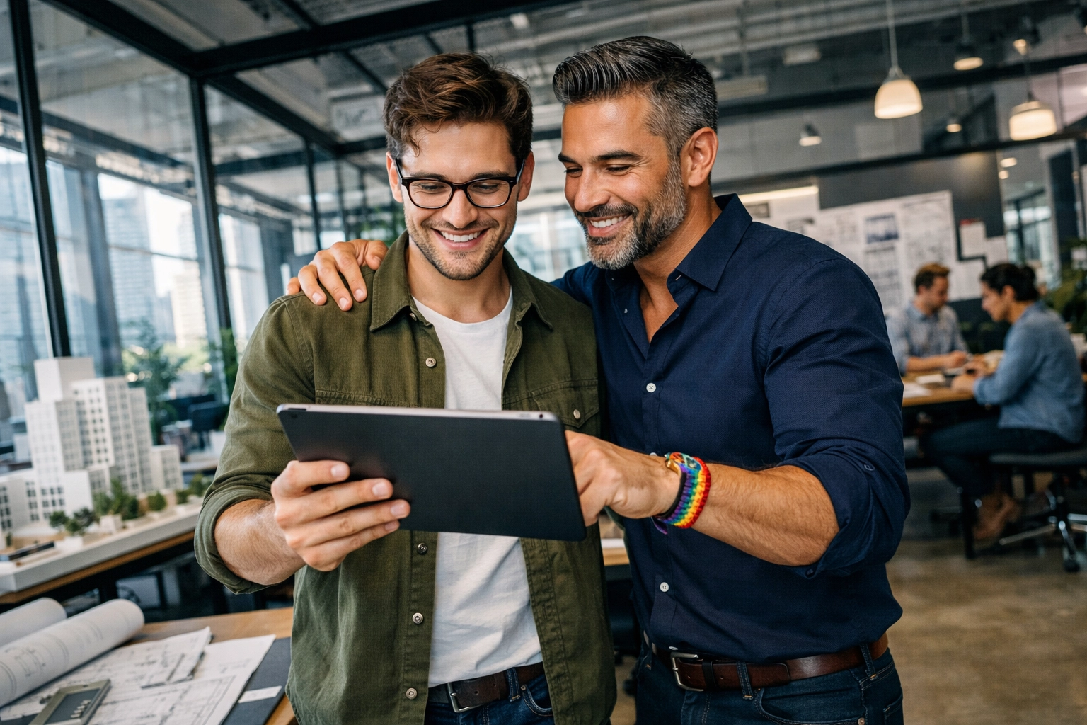 Two gay men collaborating in a modern studio, representing an inclusive and supportive professional workplace for 2026.