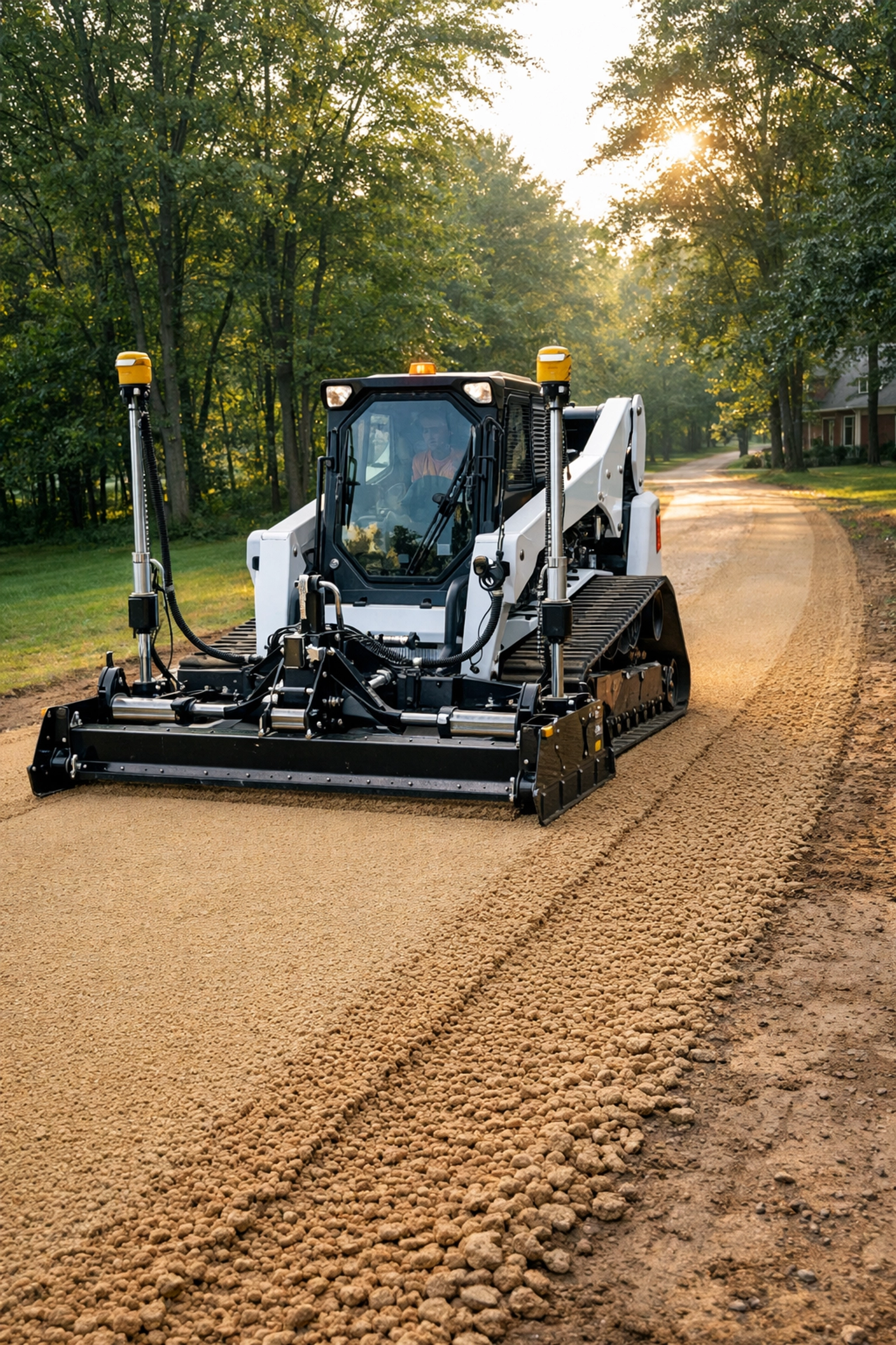 Professional skid steer grading a long gravel driveway to create a smooth, durable surface.