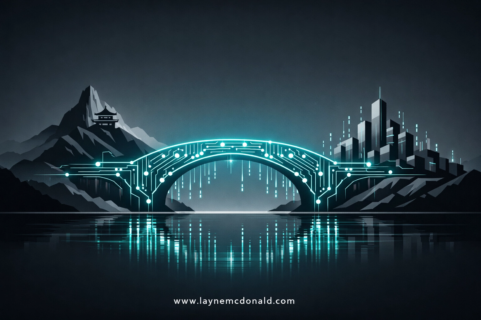 Stylized bridge connecting a mountain to a digital landscape, illustrating technology as a spiritual bridge.