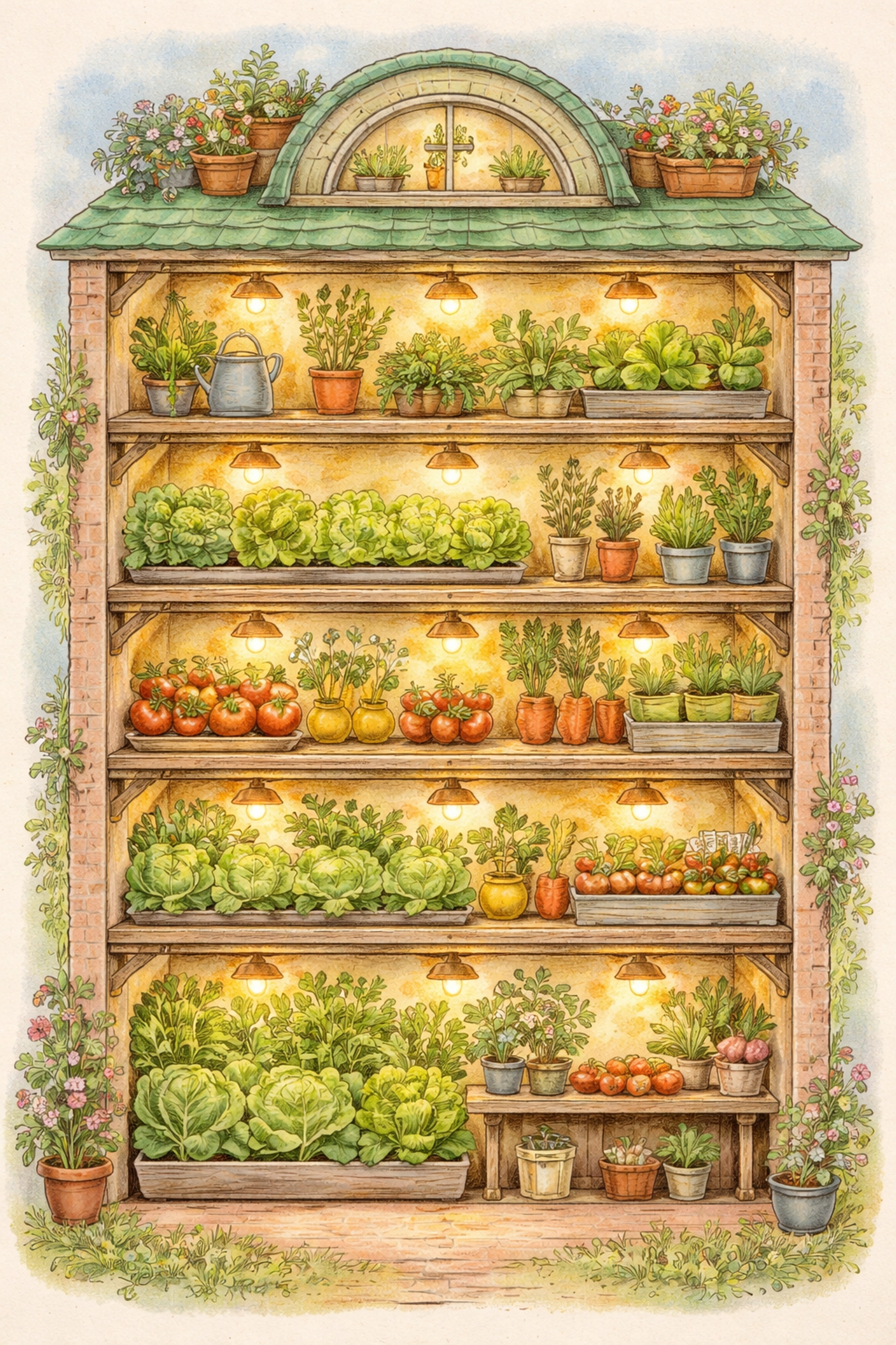 Cross-section of a multi-story vertical farm growing leafy greens and vegetables under glowing lights, highlighting indoor agriculture.