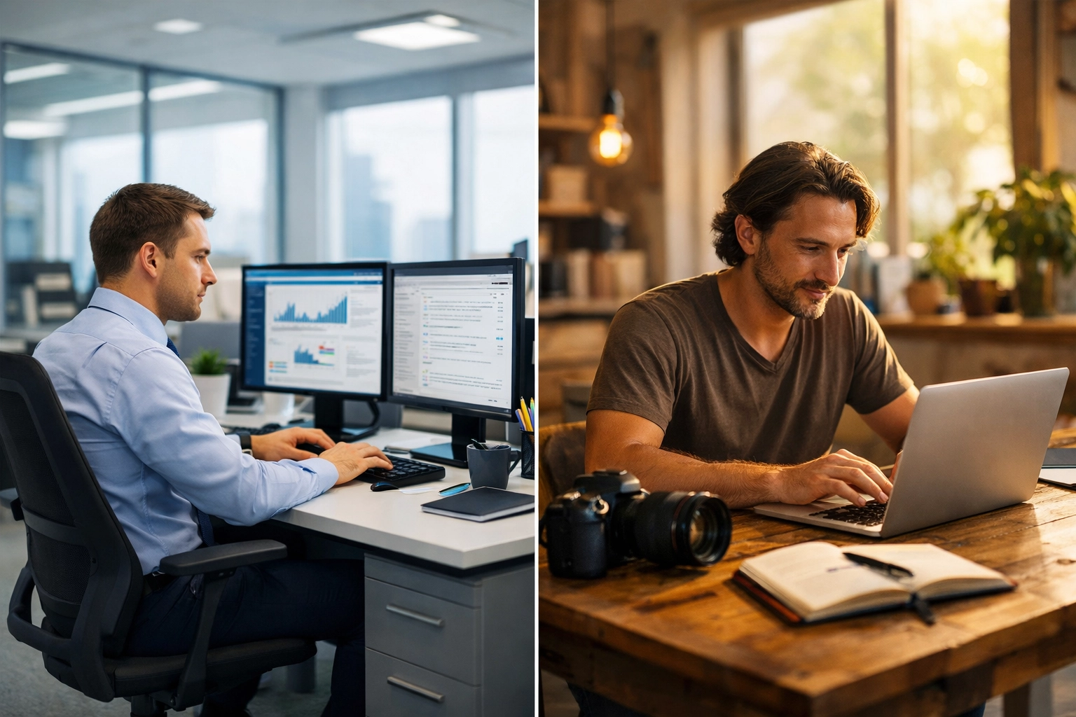 Split view comparing a W-2 office employee and a 1099 independent contractor.