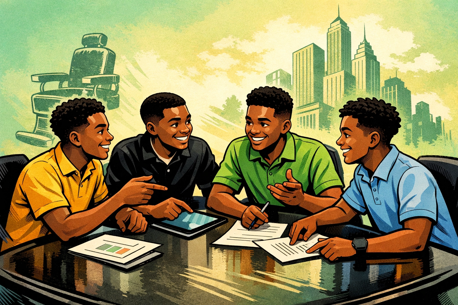 Young Black men in a boardroom meeting representing CRC’s From the Barbershop to the Boardroom program.