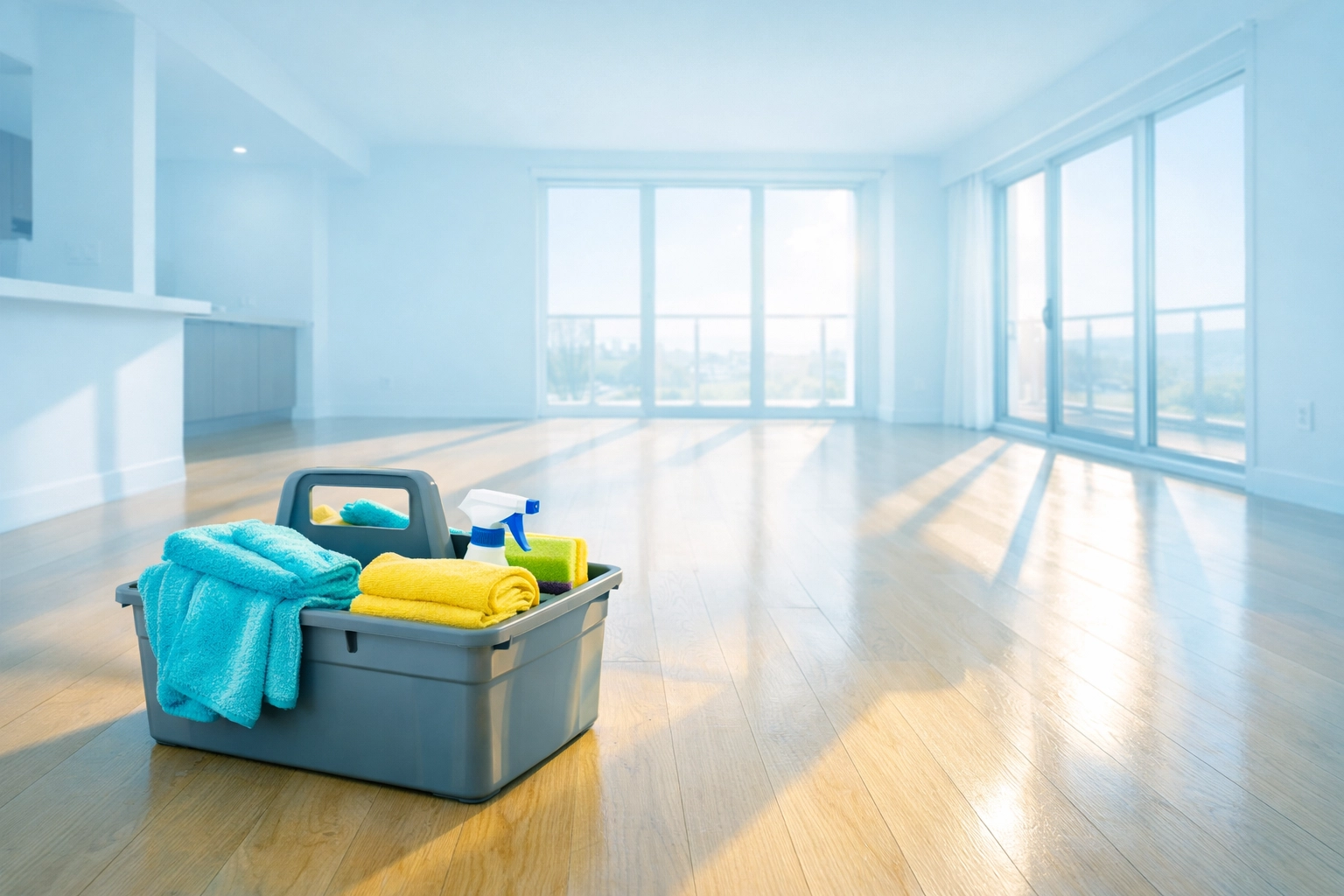 Move out cleaning services near me featuring a professional cleaning caddy in a spotless empty apartment.
