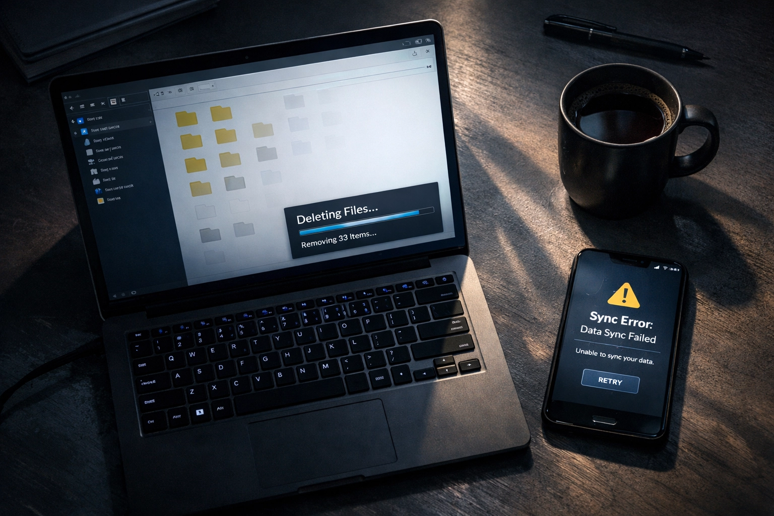 File deletion syncing across cloud storage devices showing real-time data loss vulnerability
