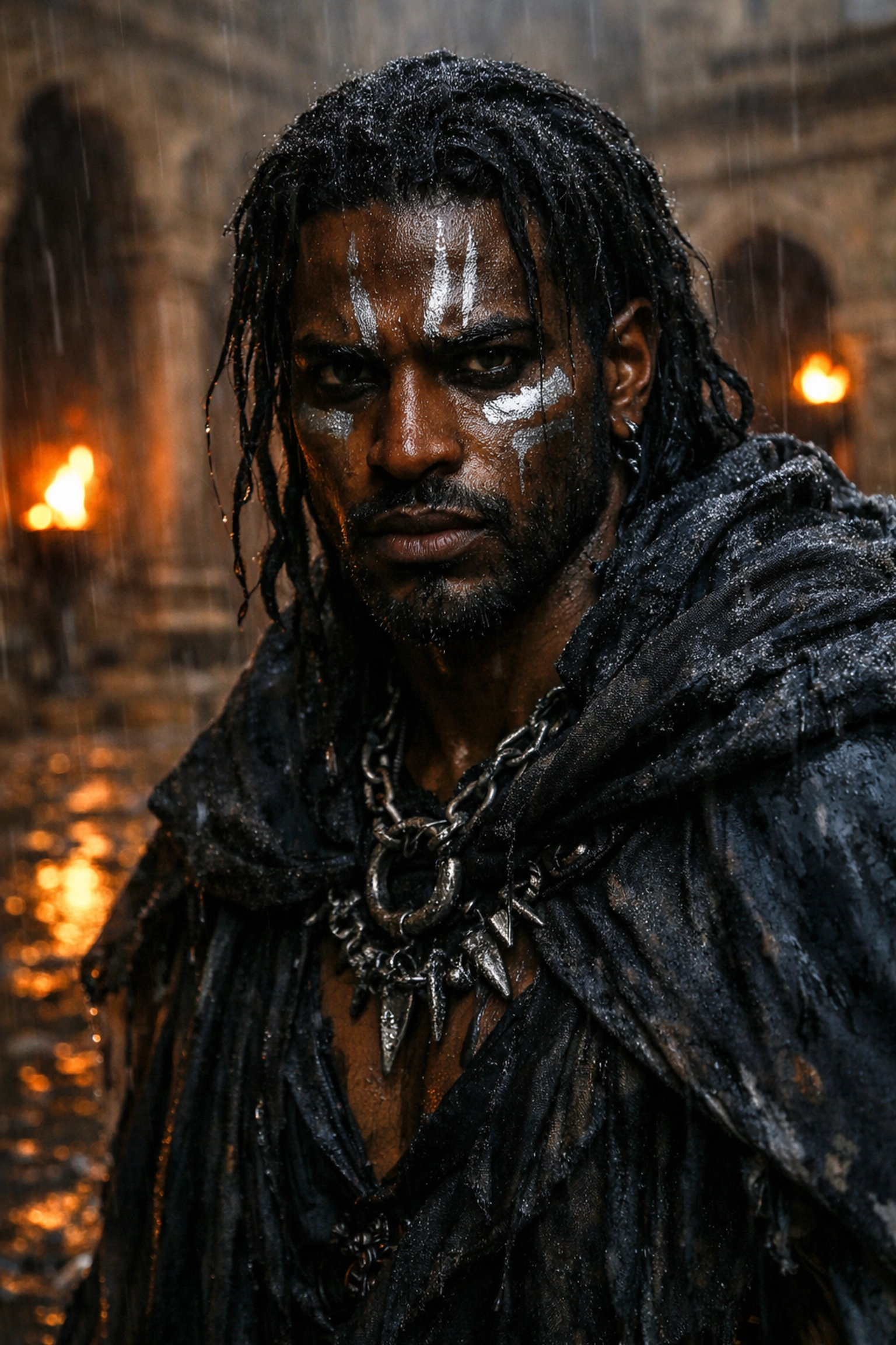 Brooding dark romantasy hero with silver war paint in a rain-drenched fantasy palace.