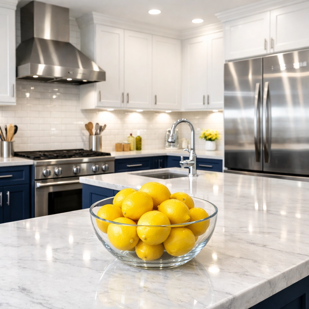 Pristine modern kitchen in Fitchburg featuring a clean marble island and stainless steel appliances.