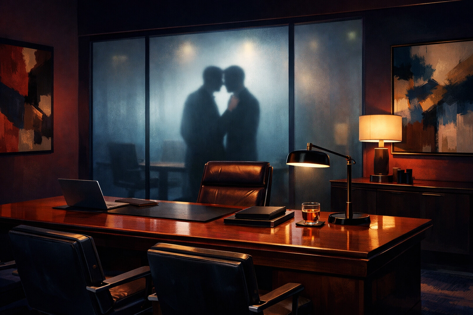 Executive office interior showing intimate silhouettes behind frosted glass in MM romance setting