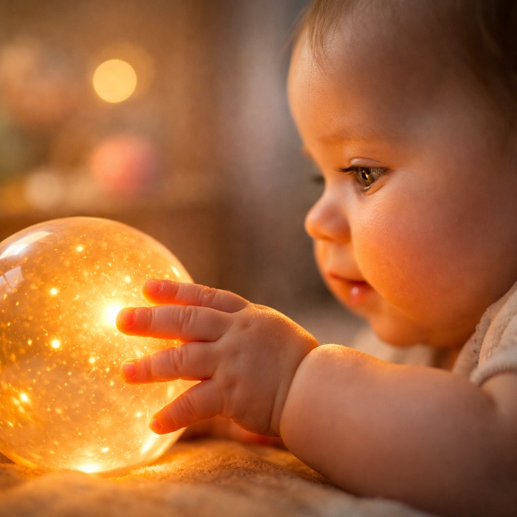 Infant exploring a sensory light toy to boost brain development during the first 1,000 days.