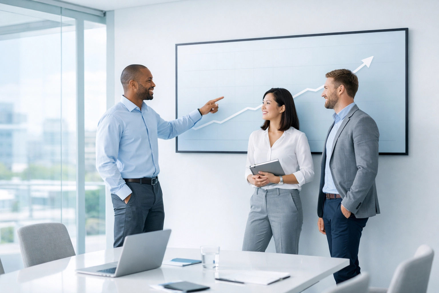 Collaborative business team analyzing performance metrics on a screen to foster data literacy and transparency.