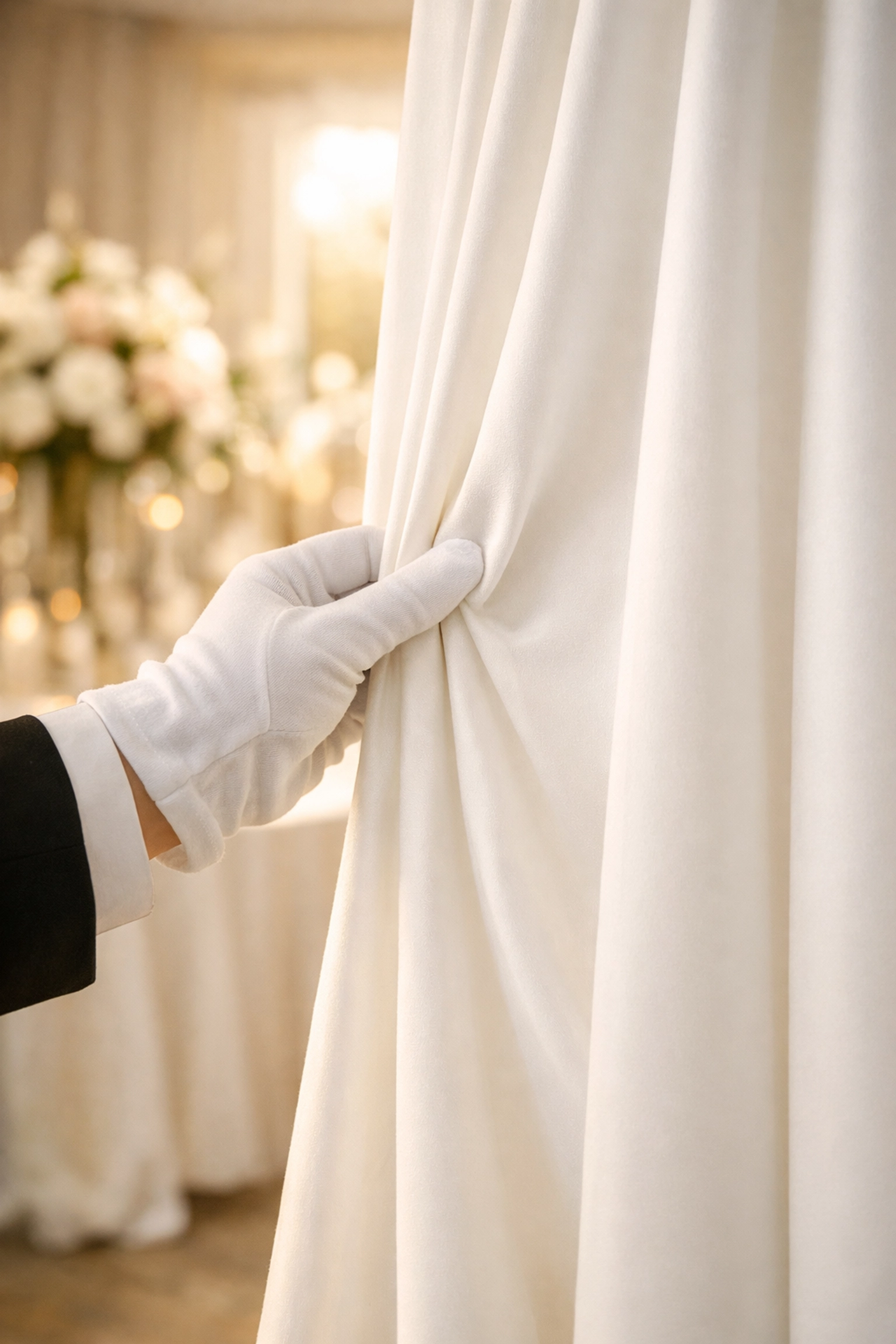 Professional white glove setup of an elegant white wedding backdrop rental for a stress-free ceremony.