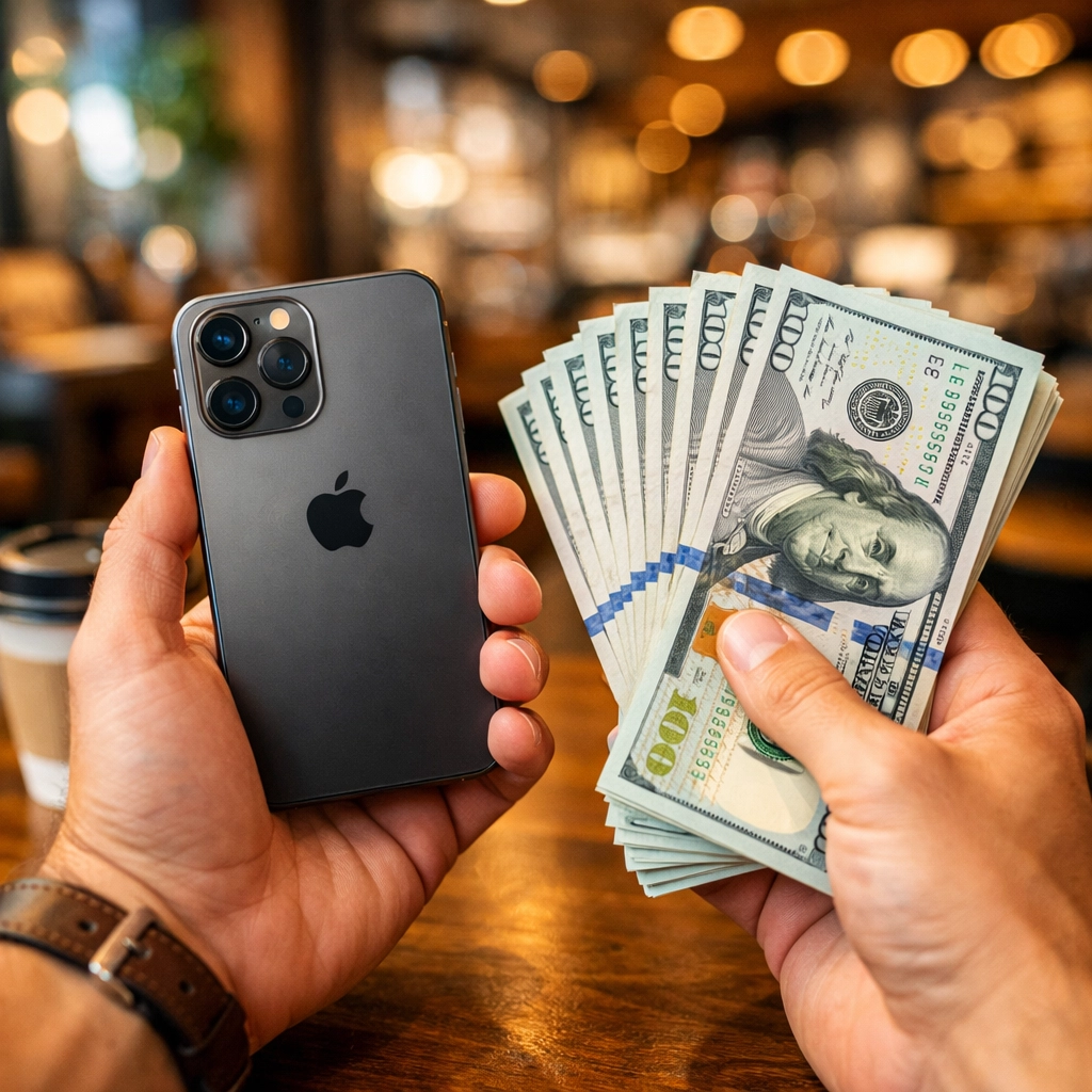 A person holding an iPhone and a stack of cash, illustrating how to sell my iPhone for instant money.