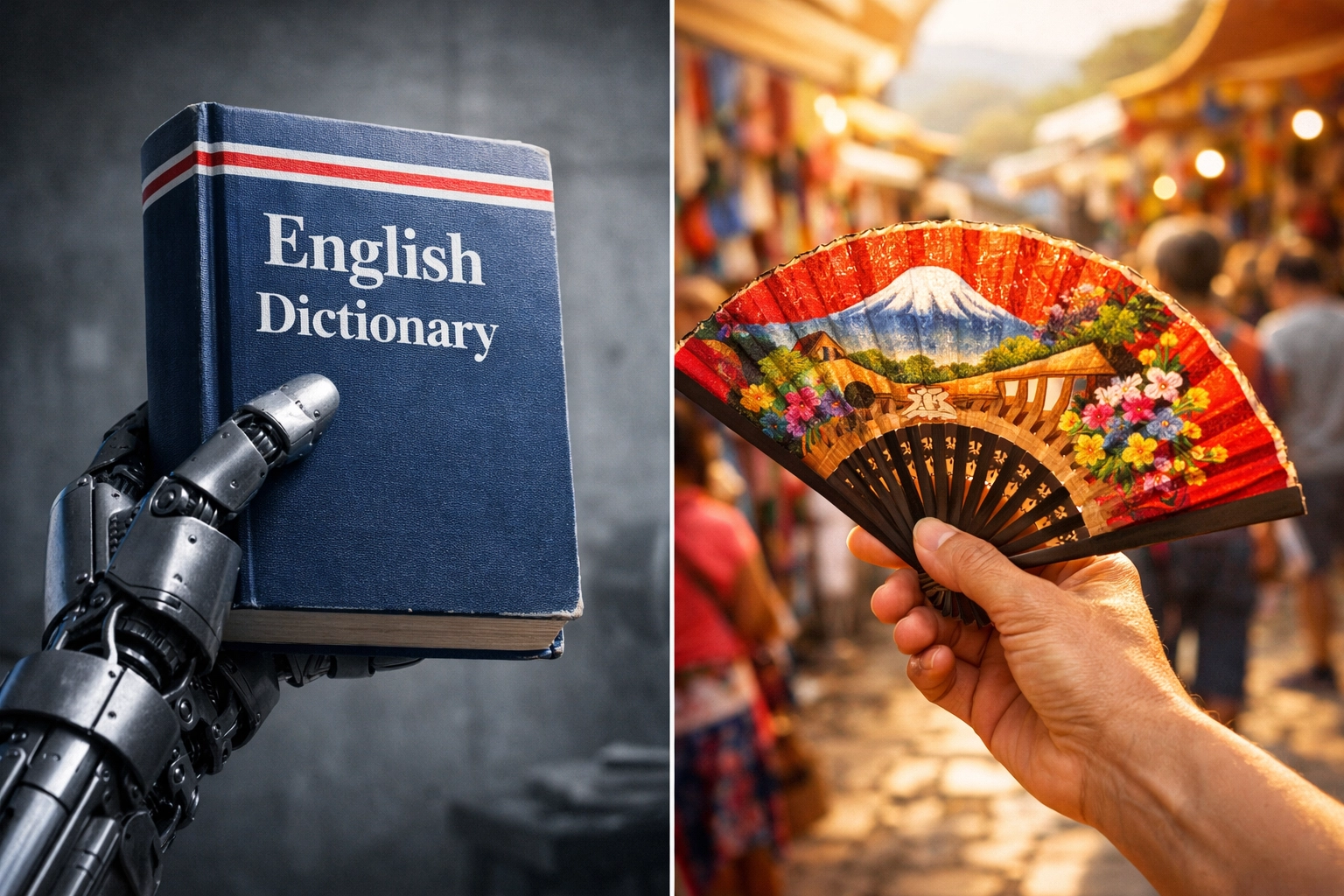 Human hand in a local market vs a robotic hand, showing the importance of ad localization over translation.