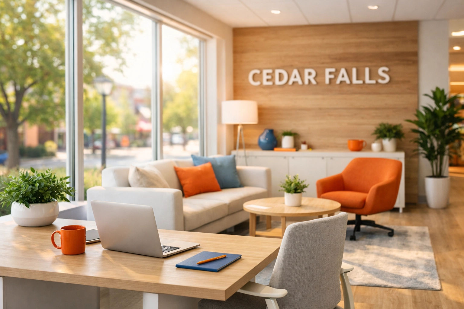A sparkling, sun-lit modern office interior in Cedar Falls with dust-free surfaces and large windows.