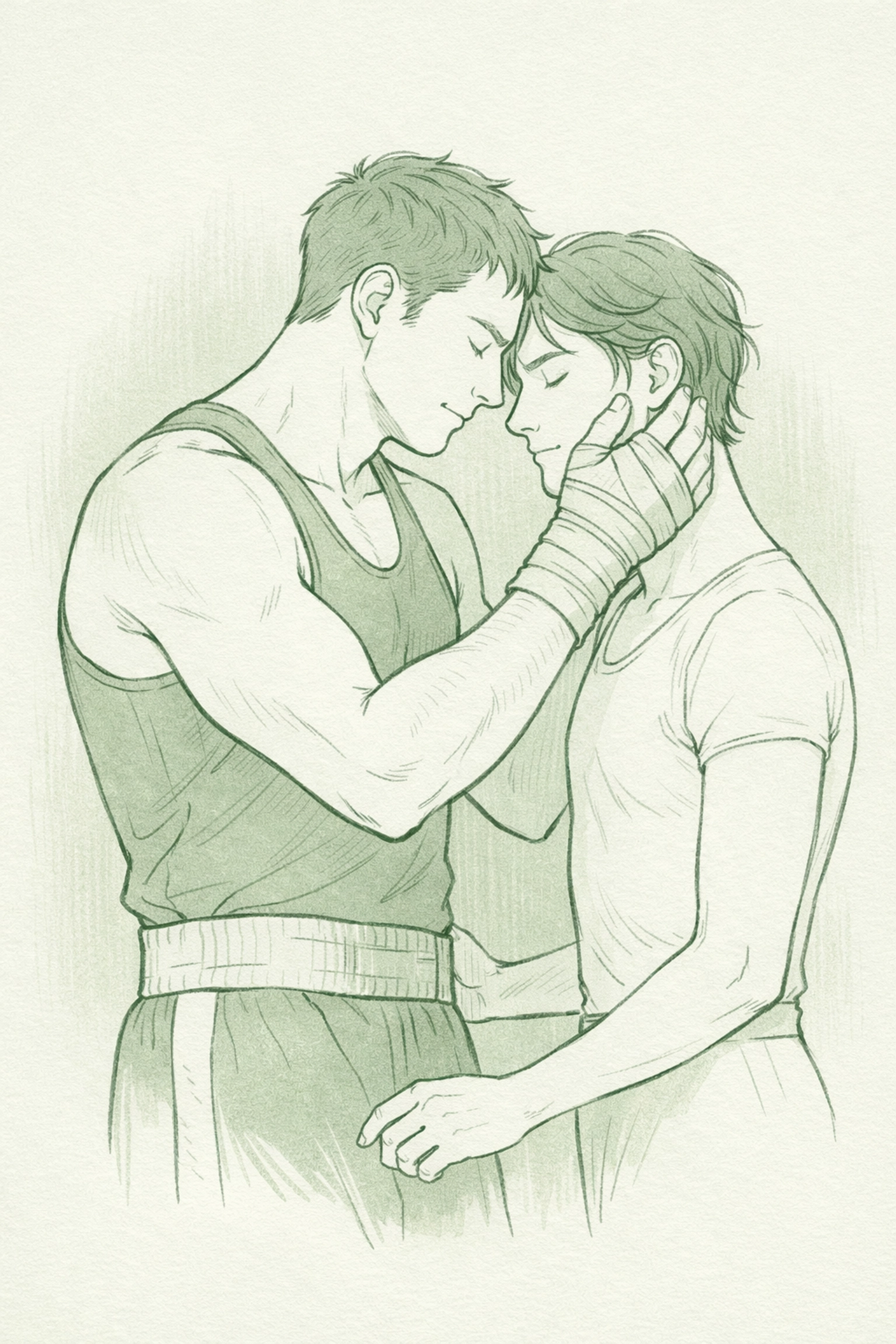 Boxer tenderly touches ballet dancer partner's face in MM romance illustration