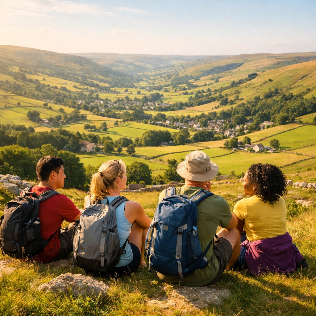 A group of hikers enjoys a valley view in the Peak District during a professional guided hiking tour in the UK.