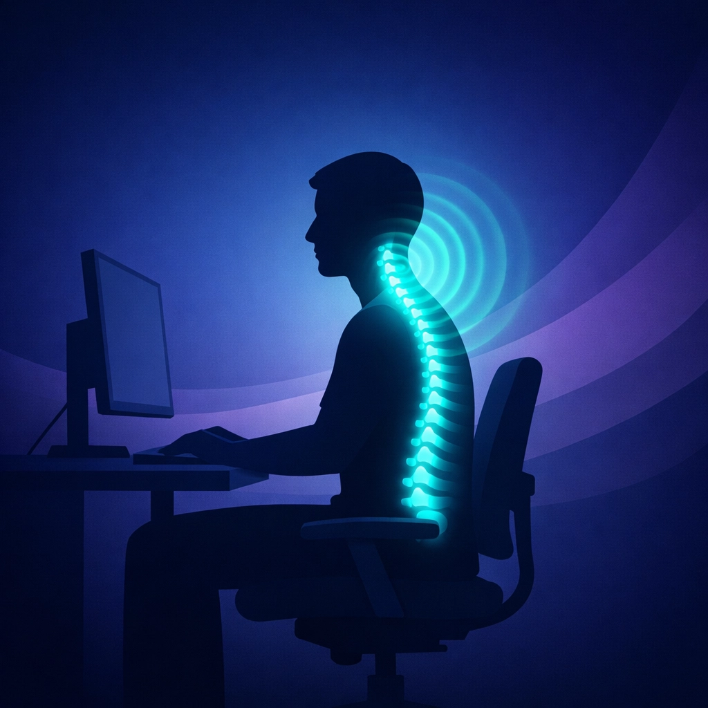 Minimalist silhouette showing spinal relief and a biological reset through micro-breaks.