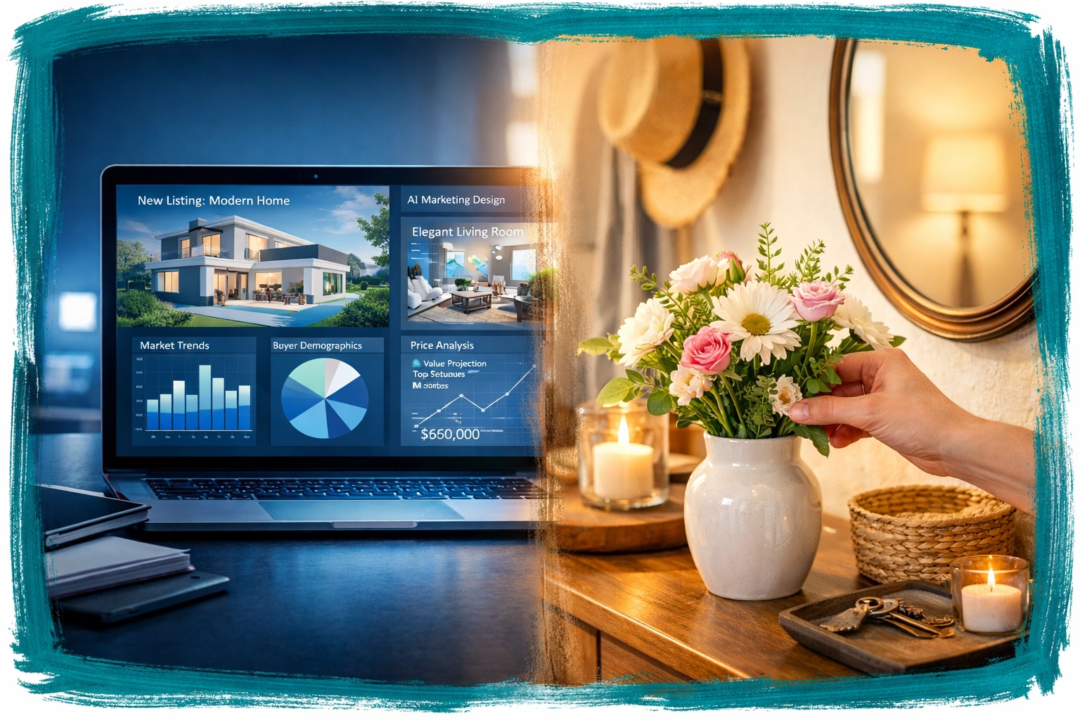Real estate technology dashboard paired with personal home staging touches for sellers