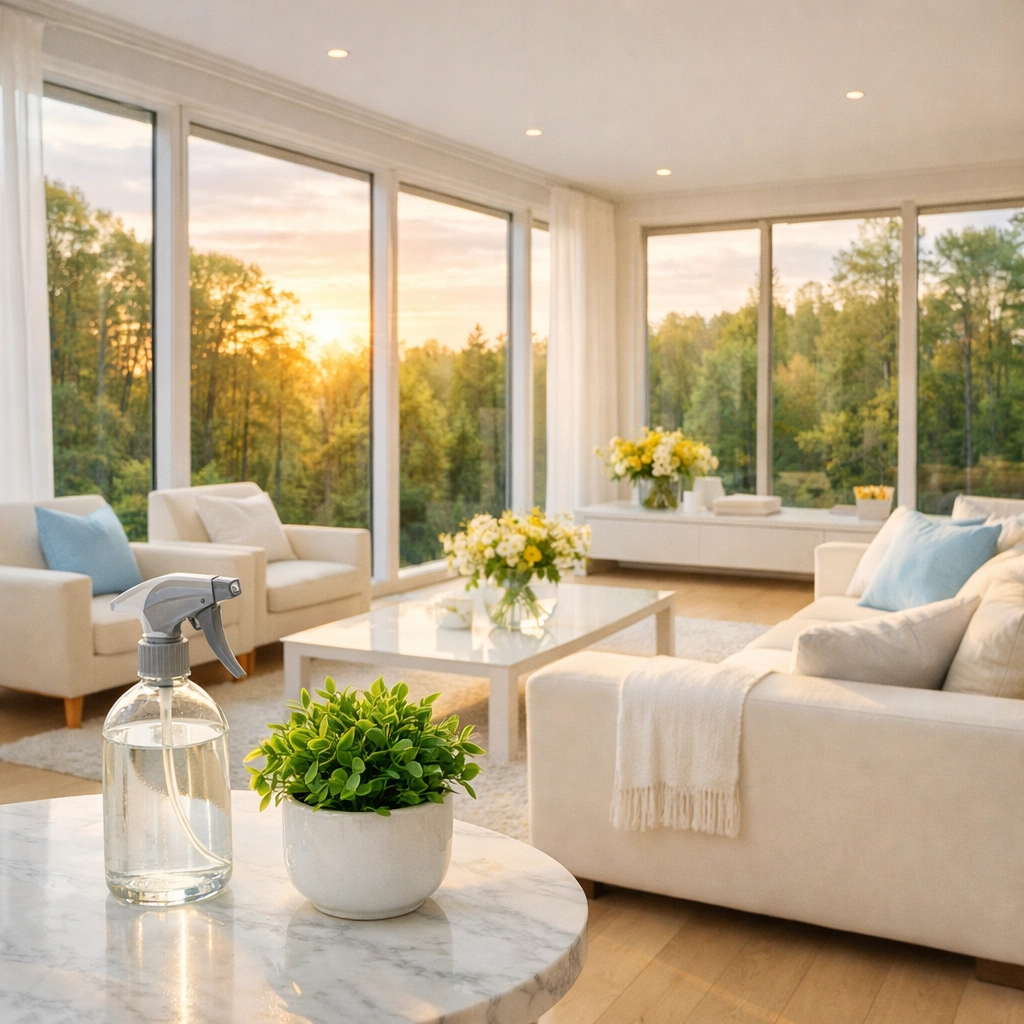 Sun-drenched living room in a Dover estate overlooking Noanet Woodlands, cleaned with eco-friendly products.