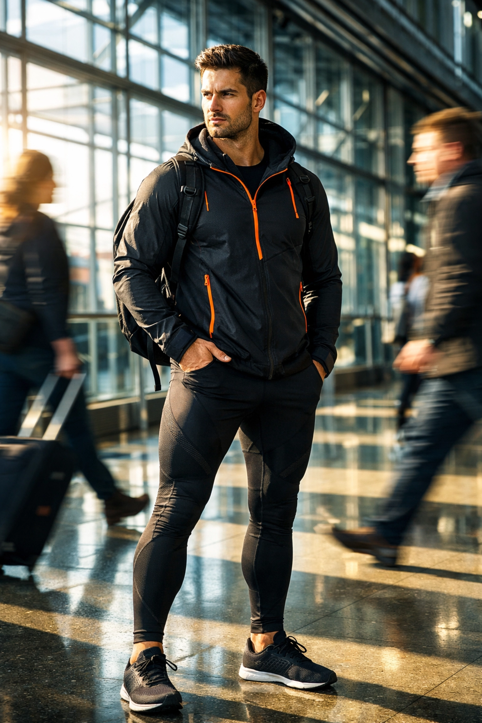 Runner wearing stylish travel apparel and compression gear in airport terminal on race weekend