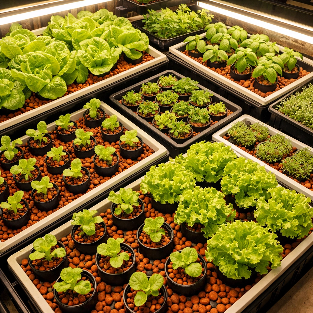 Indoor hydroponic garden with multiple grow trays of lettuce and herbs under LED lights