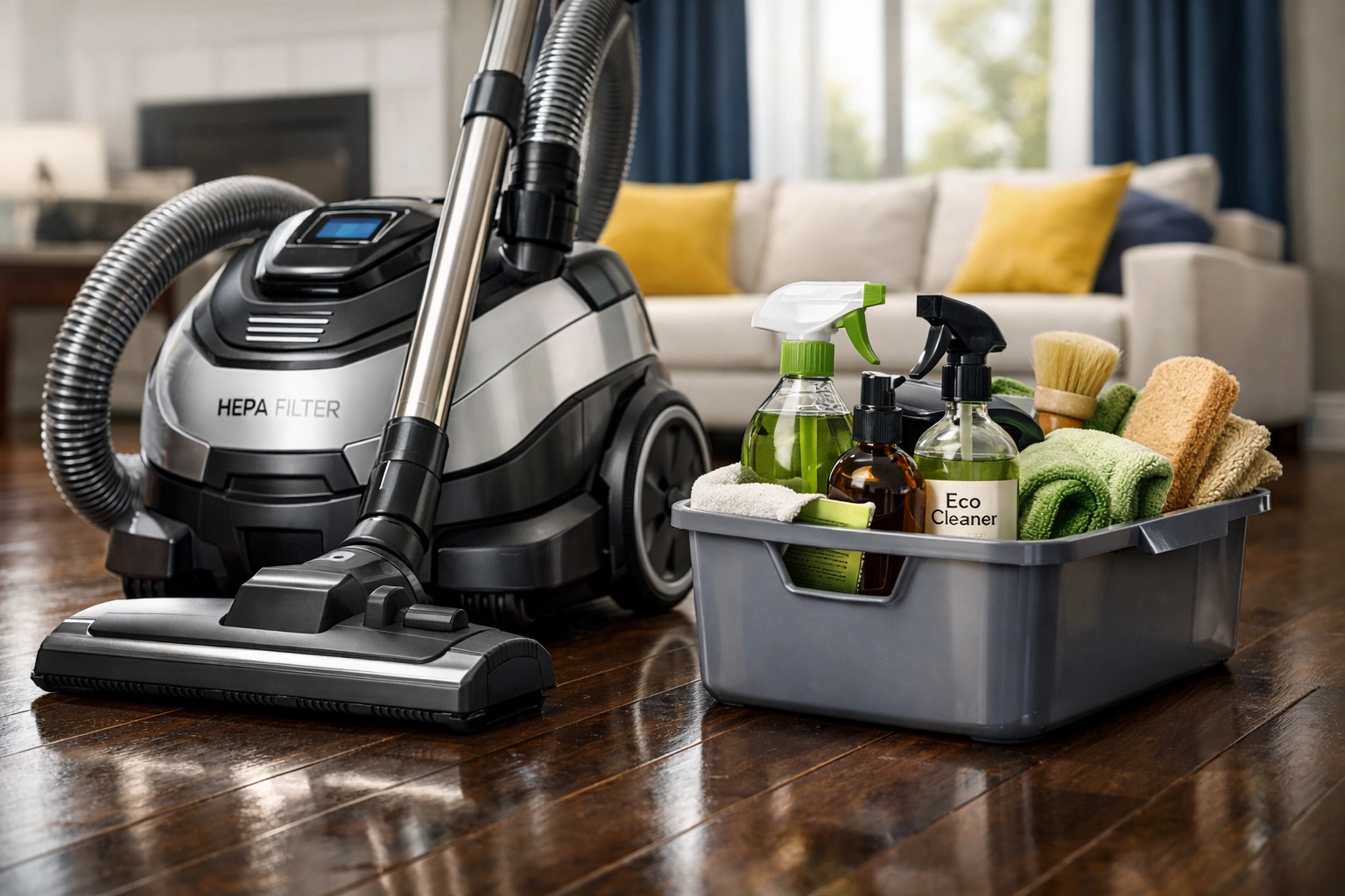 Professional cleaners Newton MA using eco-friendly house cleaning supplies and HEPA vacuums on hardwood floors.