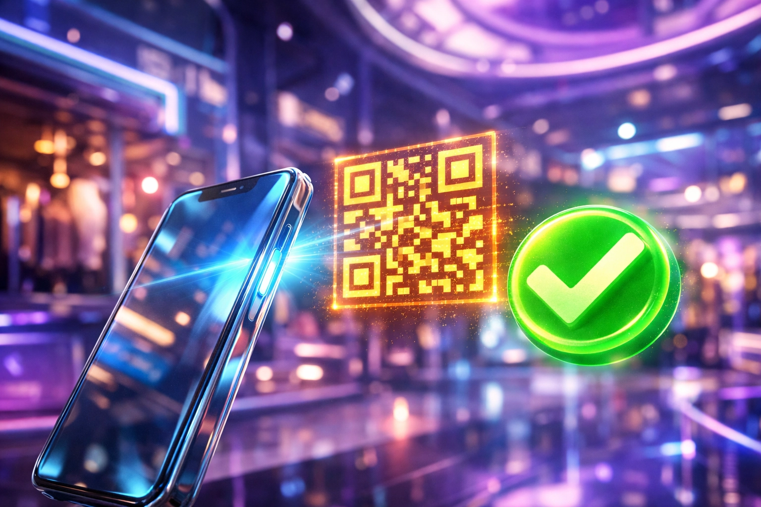 Digital mall transaction showing a smartphone scanning a QR code for seamless metaverse shopping and crypto payments.