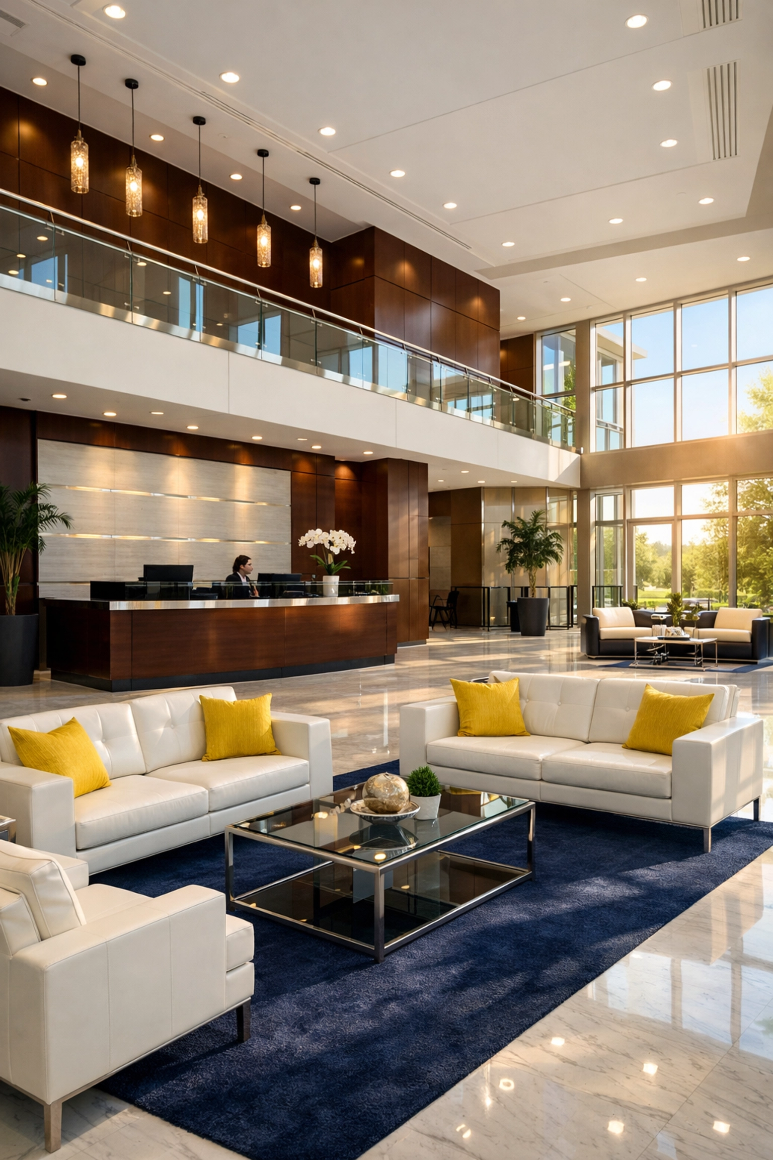 Sunlit luxury office lobby in Bedford with sparkling marble floors maintained by professional commercial cleaners.