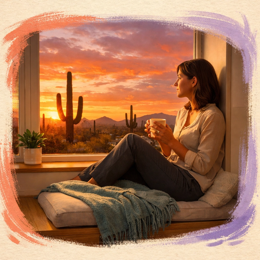 Professional woman reflecting on new beginnings at window overlooking Arizona desert sunset Professional woman reflecting on new beginnings at window overlooking Arizona desert sunset