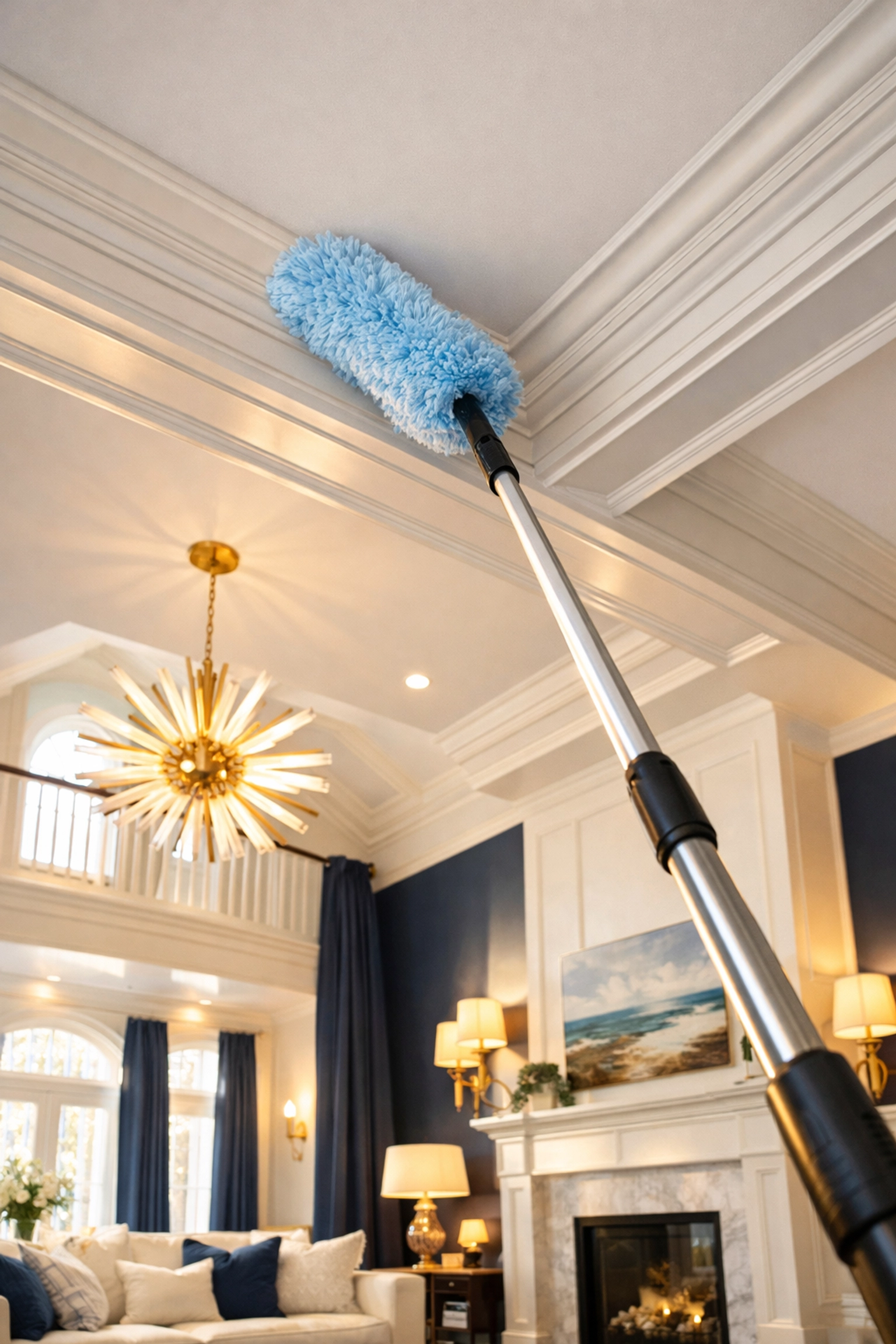 Professional deep cleaning services dusting high ceilings in a modern Massachusetts living room.