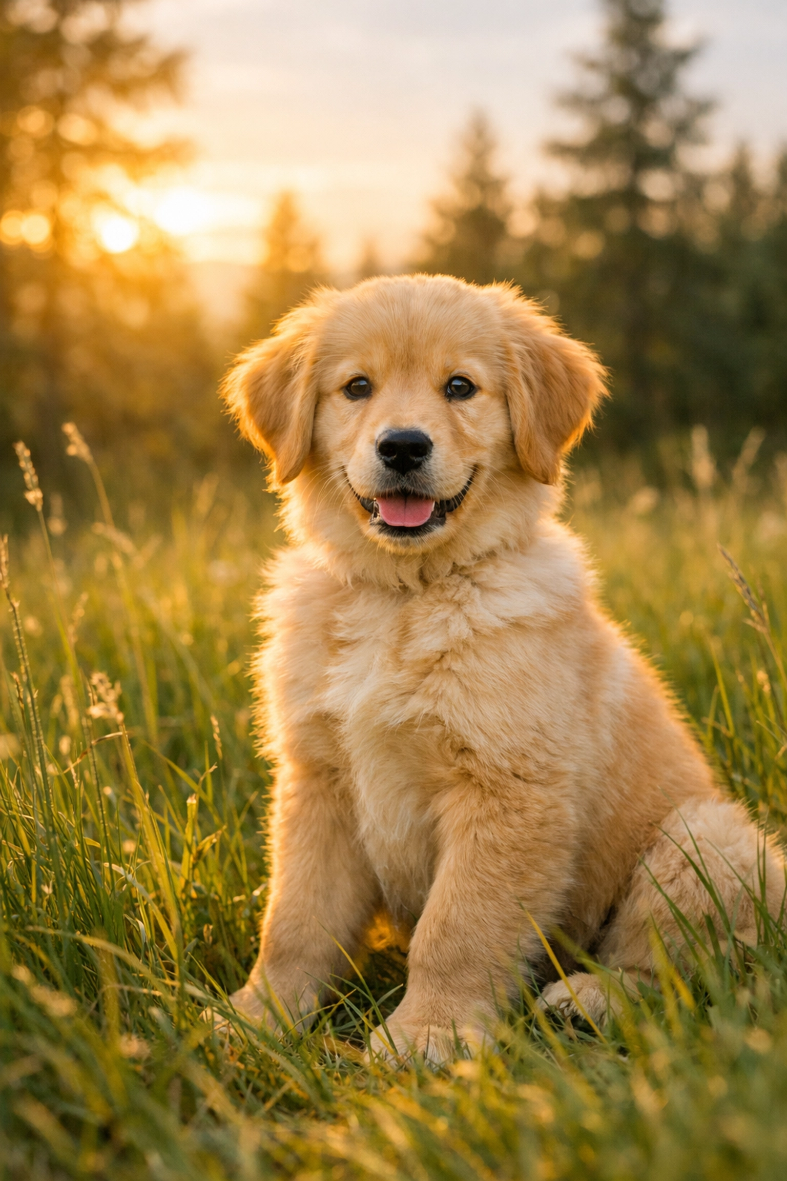 Health tested Golden Retriever puppy in an Oregon meadow showing physical vitality and confidence.