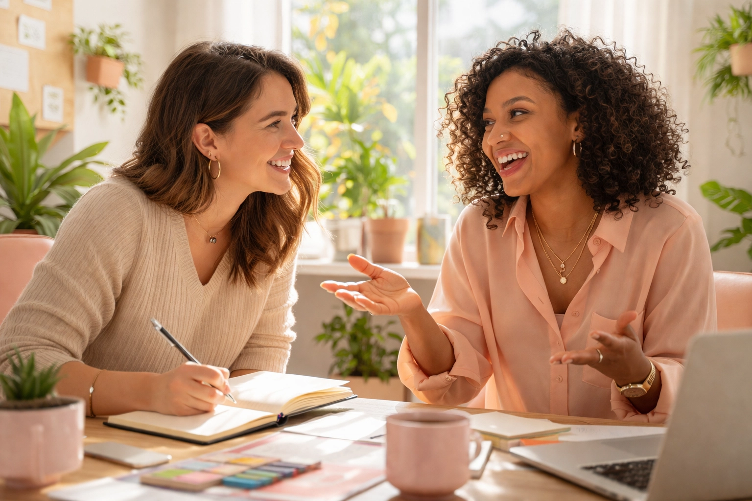 Two women chatting in a sunny workspace, illustrating genuine social media engagement for lead nurturing.
