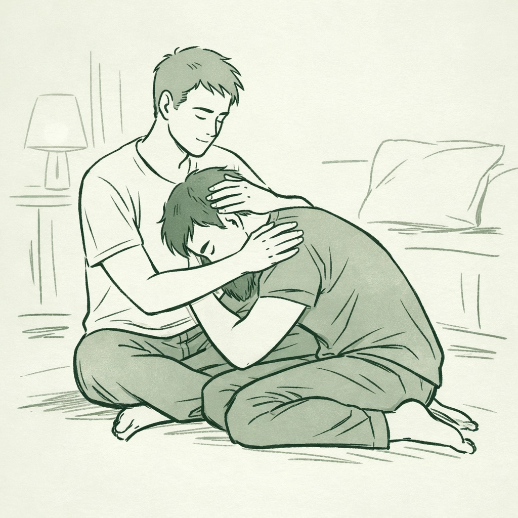 MM couple in comfort position demonstrating pup play trust and emotional support