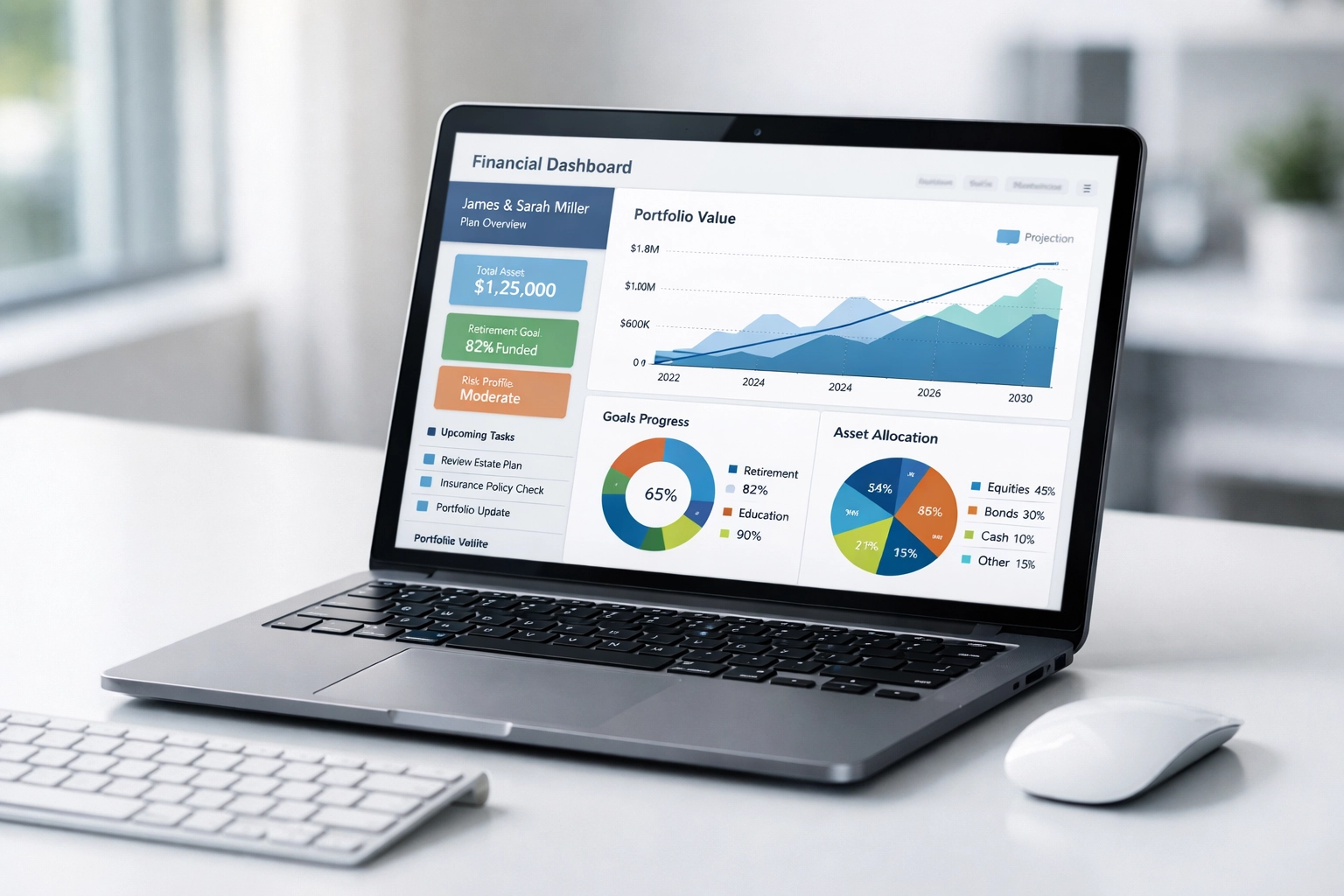 Financial planning software dashboard displayed on laptop showing CRM and client data charts