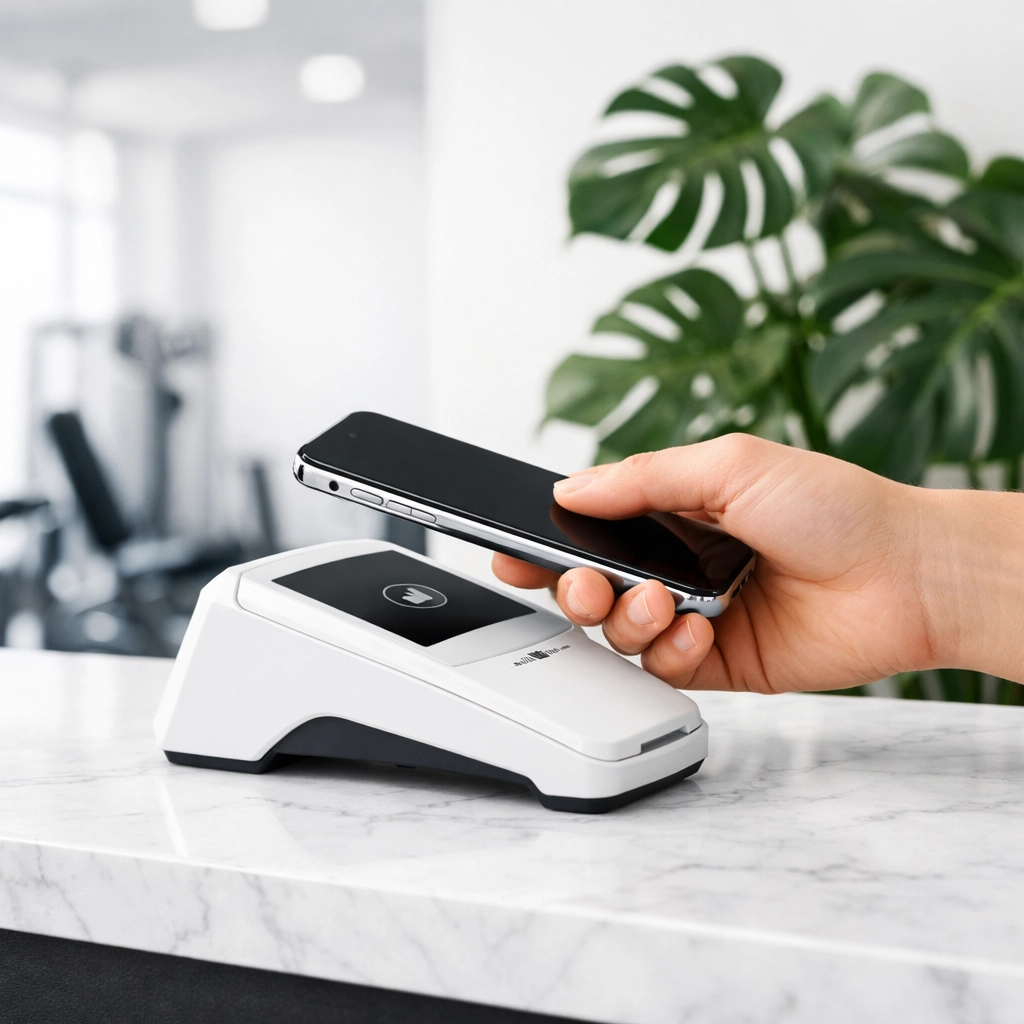 Gym member using a smartphone for contactless payment at a modern fitness studio reception desk.