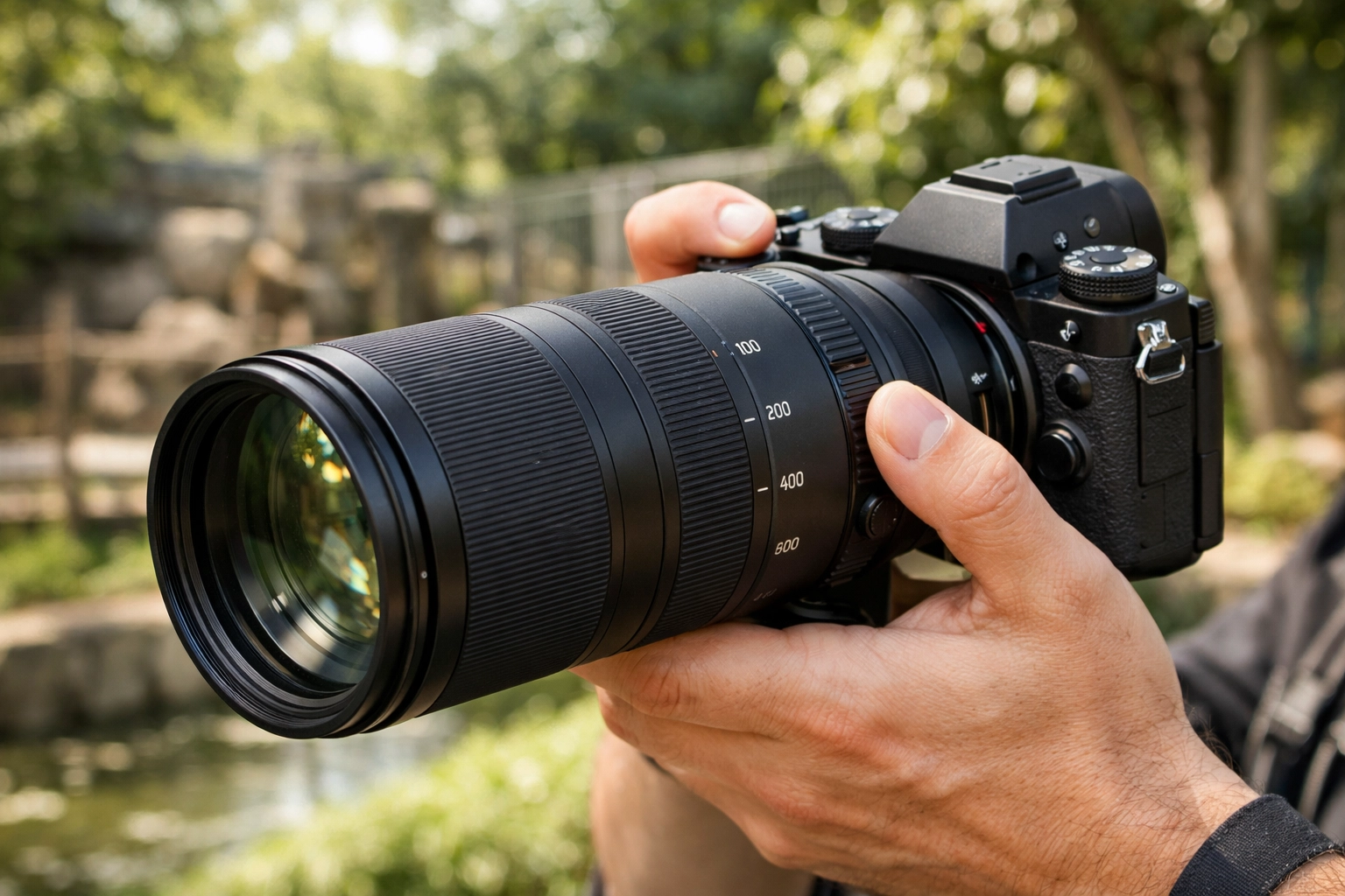 Professional photographer using a telephoto lens for zoo photography in a natural outdoor setting.