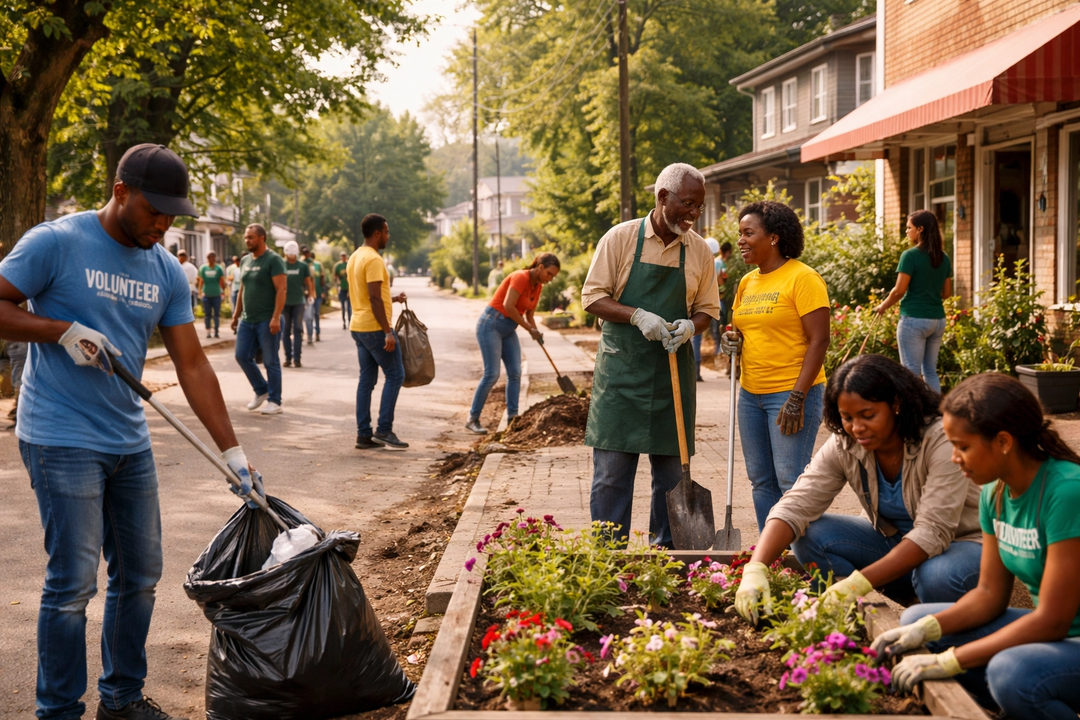Black volunteers clean up a neighborhood together, showing collaborative church-led outreach and community pride.