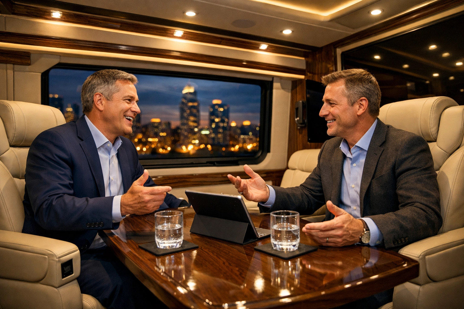 Executives networking in a luxury sprinter van mobile boardroom for Super Bowl VIP logistics.
