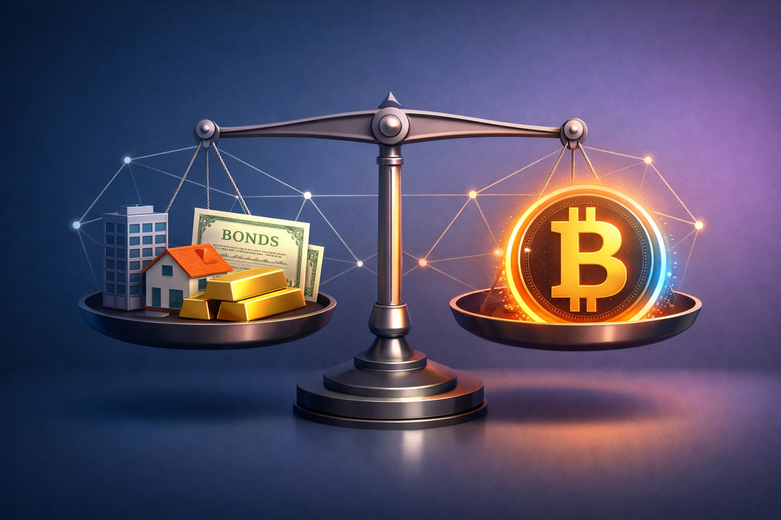 Balanced portfolio scale weighing Bitcoin against traditional assets like real estate and bonds