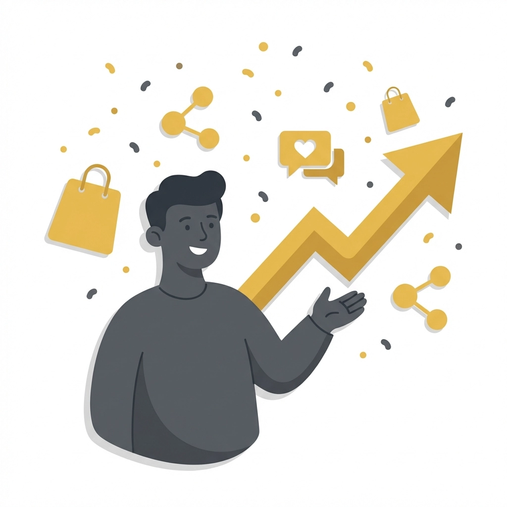 A confident presenter celebrates increasing webinar conversions with live shopping features, engagement, and sales growth.