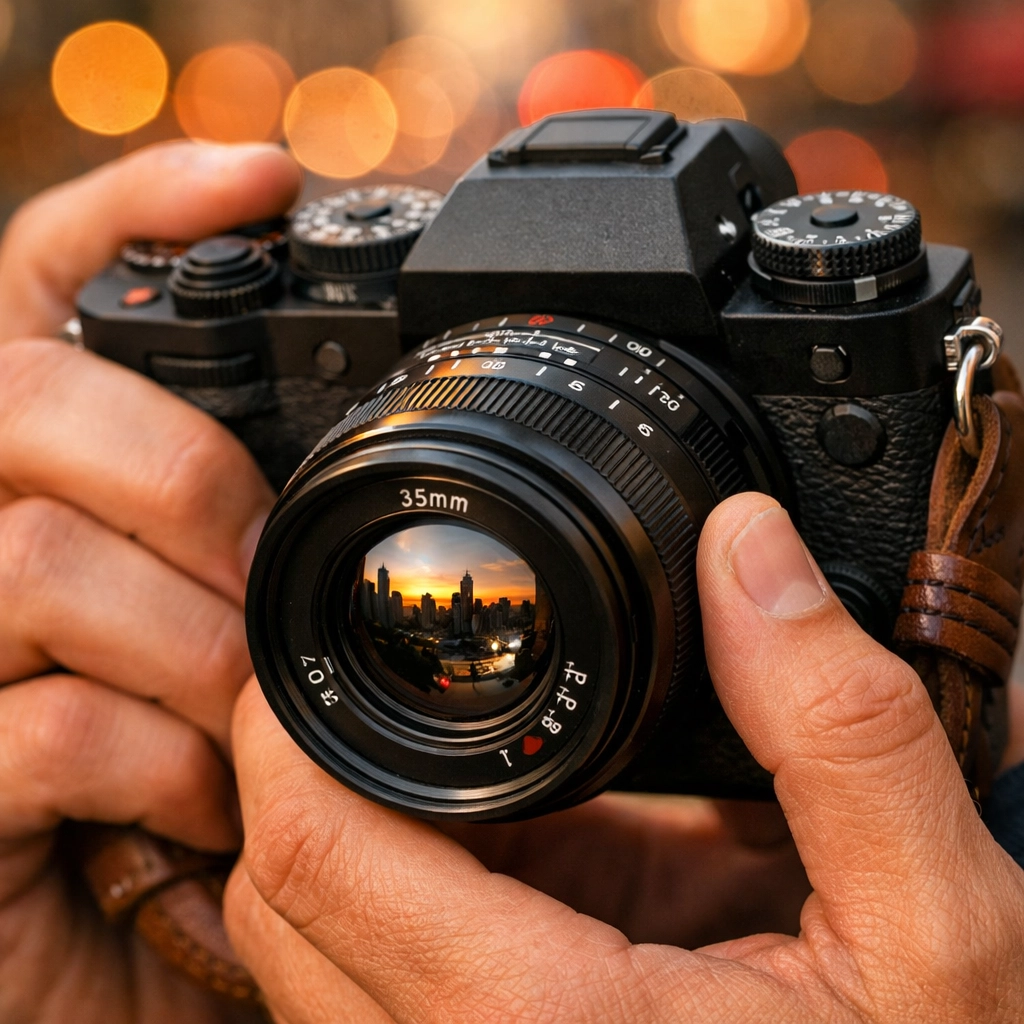 Hands holding a mirrorless camera with a 35mm prime lens, ideal gear for capturing candid street photography.