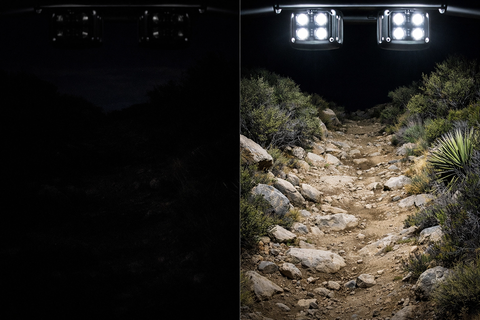 Before and after comparison showing cube light visibility improvement on dark off-road trail